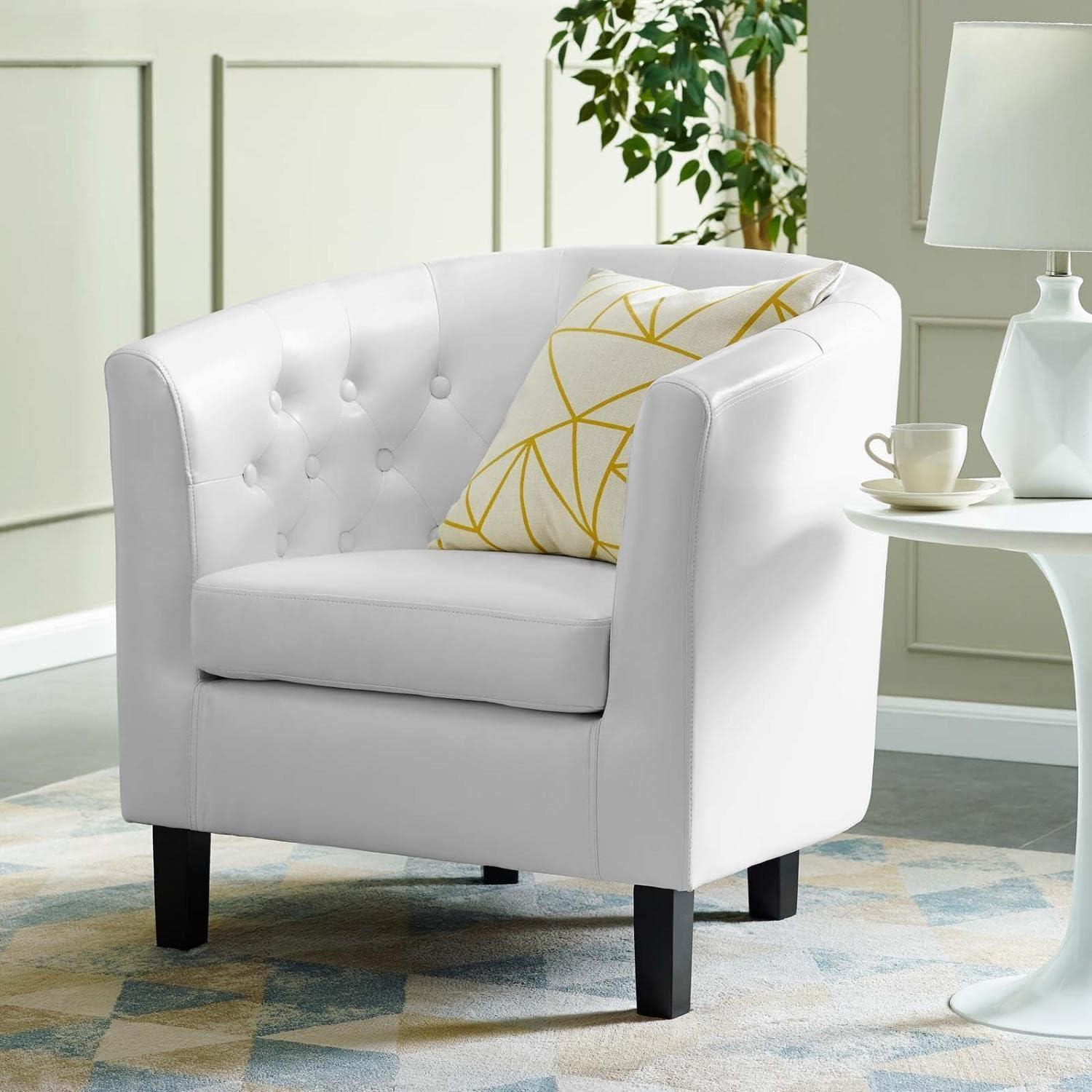 Elegant White Faux Leather Tufted Accent Chair with Wood Legs