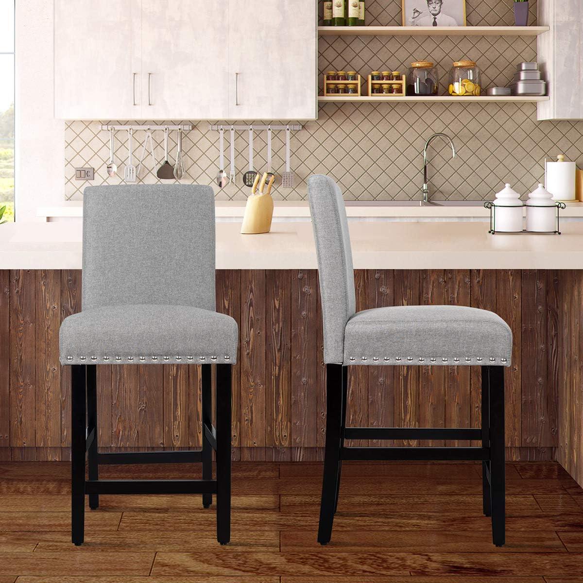 GOTMINSI Counter Height Bar Stool, Classic Upholstered 24 Inches Counter Height Stools Set of 4 barstools with Solid Wood Legs and Grey Fabric