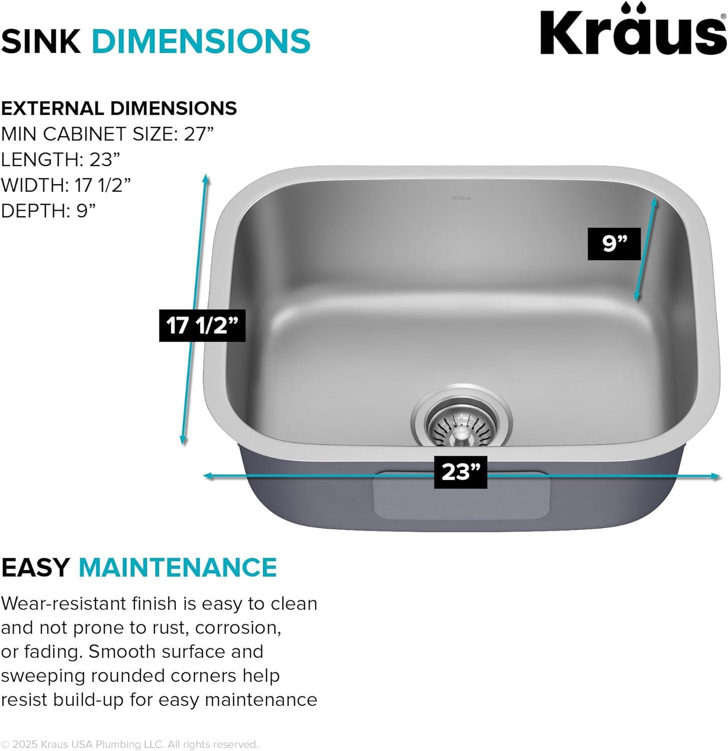 KRAUS Premier 16 Gauge Undermount Single Bowl Stainless Steel Kitchen Sink