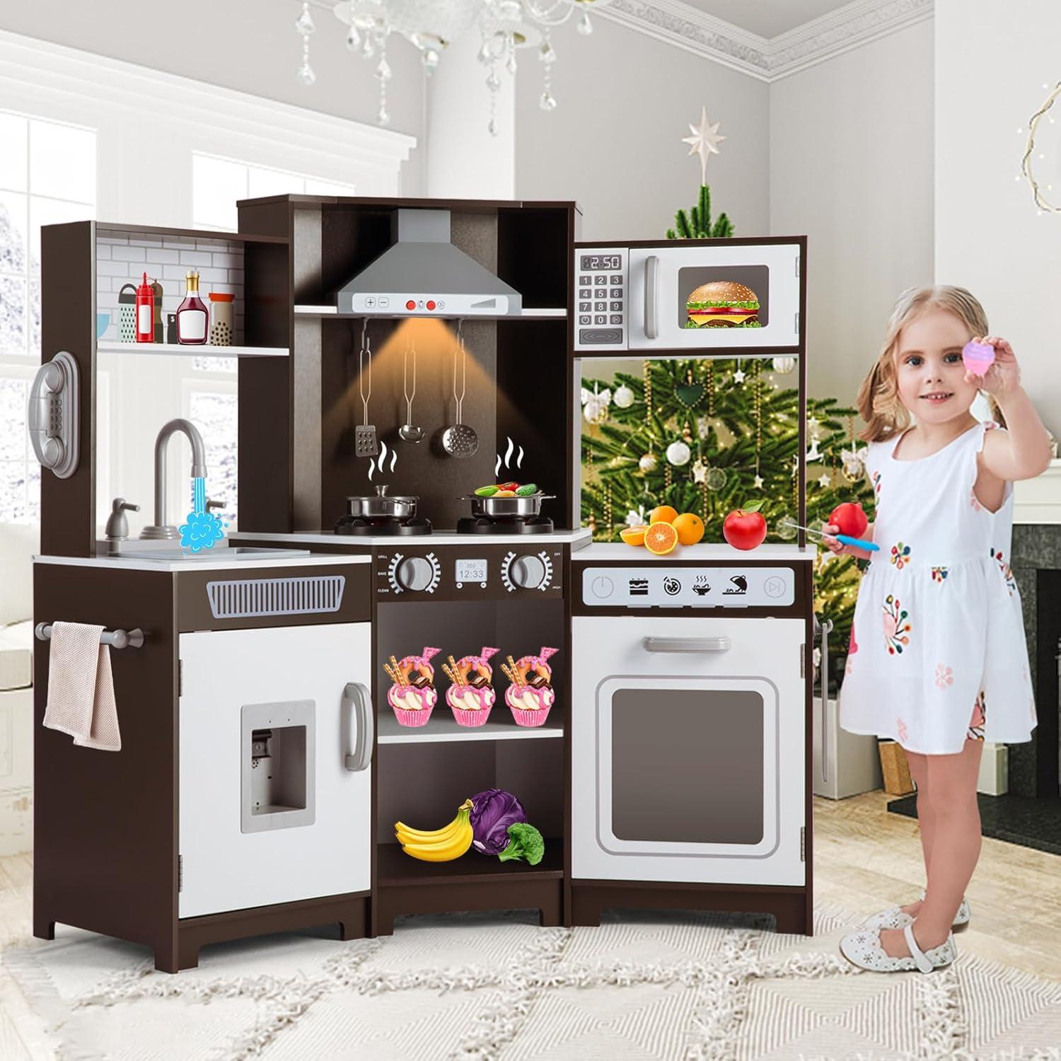 Brown and White Wooden Kids Play Kitchen Set with Accessories