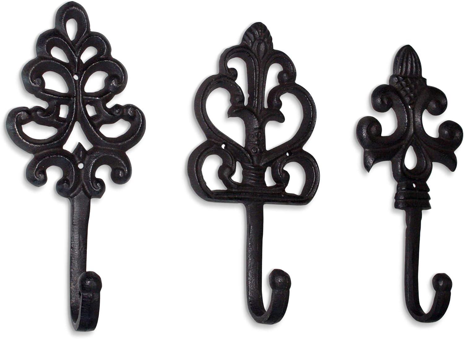 Wallcharmers Set of 3 Rustic Decorative Wall Hooks 8” | Victorian Shabby Chic Fleur De Lis Antique Towel Hooks for Hanging | Gothic Cast Iron Farmhouse Indoor Outdoor Key, Dog Leash, & Towel Hanger