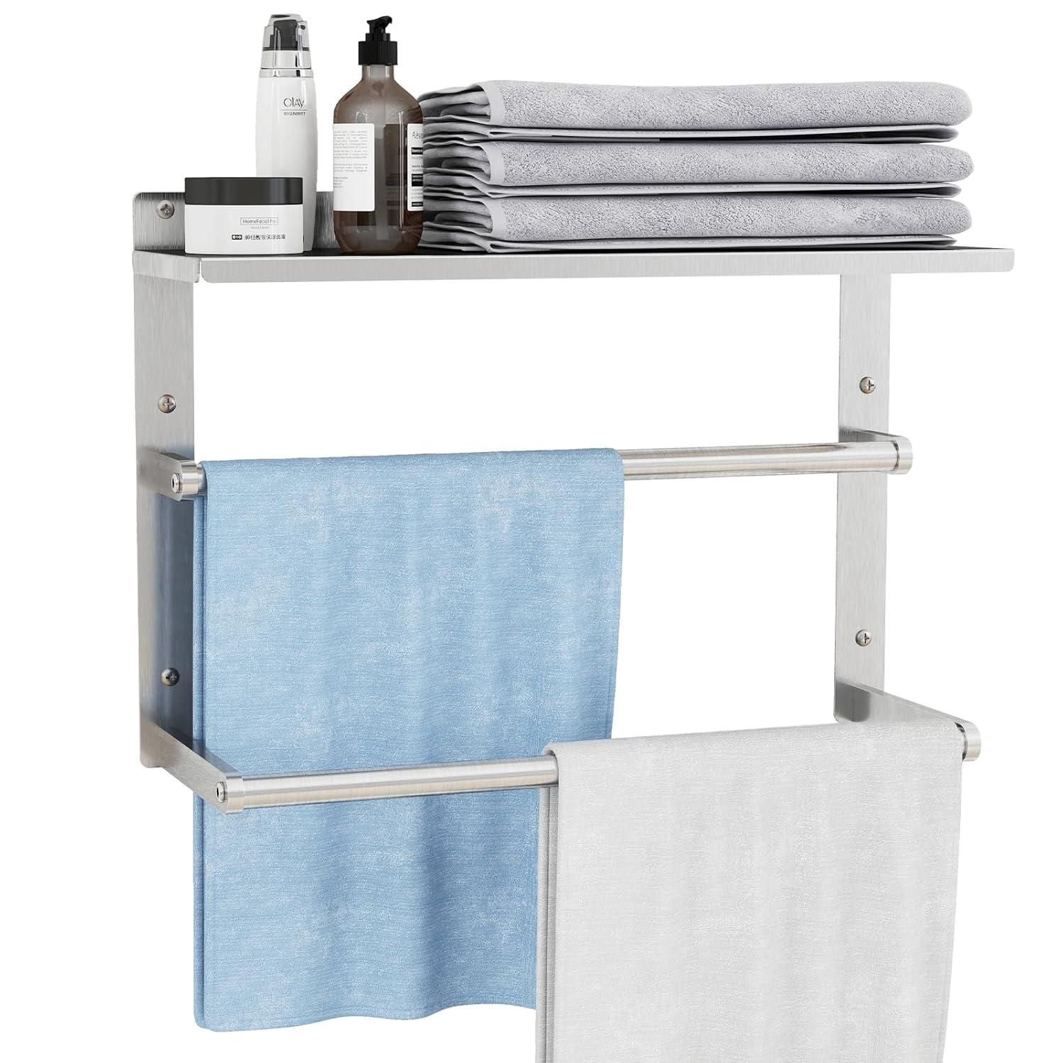 Towel Racks for Bathroom 3-Tier, 16.5" Hotel Towel Shelf with Double Towel Bar, Brushed Nickel Towel Rack Wall Mounted Stainless Steel Bathroom Towel Shelves Towel Holder for Bathroom Lavatory