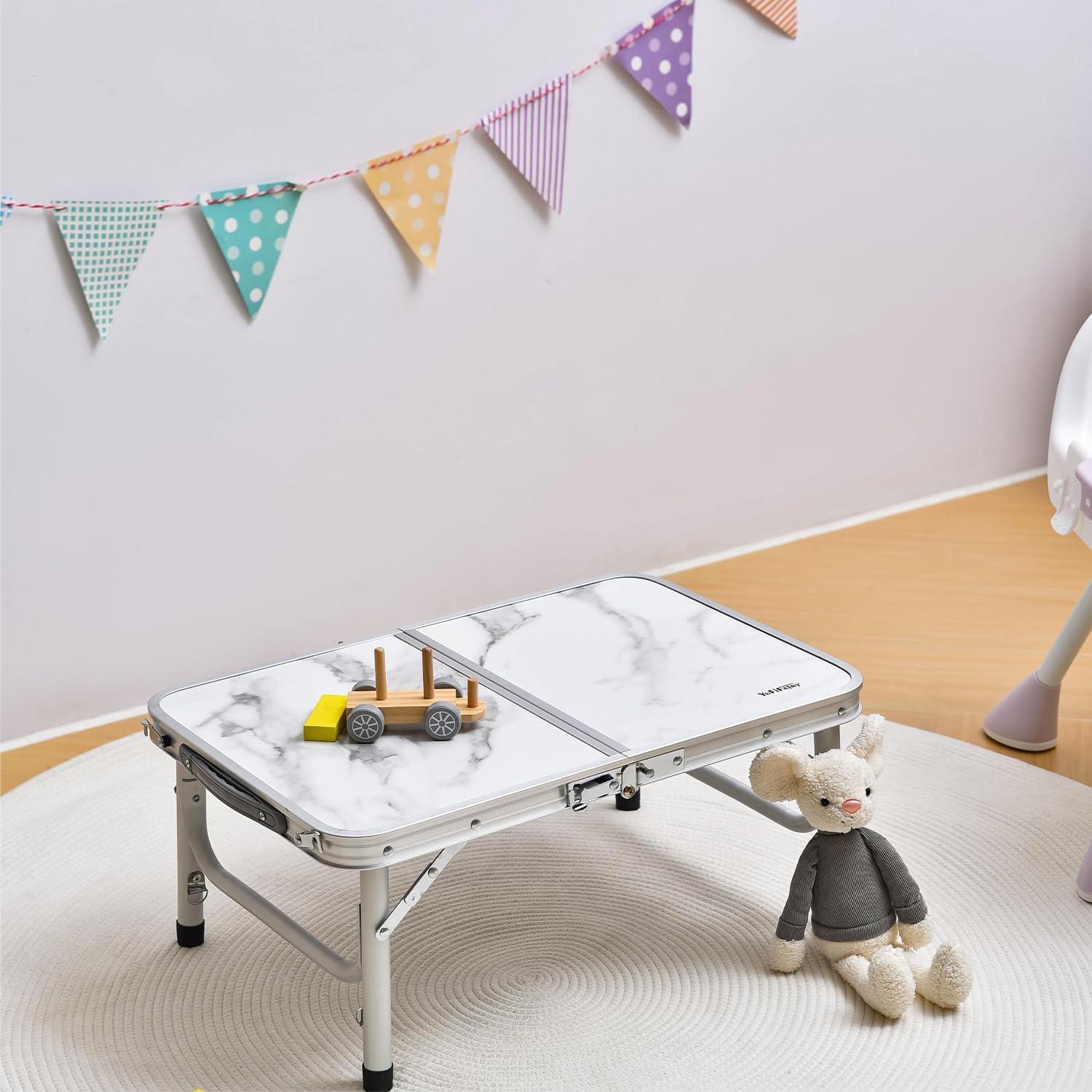 Small Folding Table with Mesh Layer, 3 Adjustable Heights Aluminum Lightweight Portable Folding Table with Extension Legs, Camping Table for RV, Picnic and Indoor