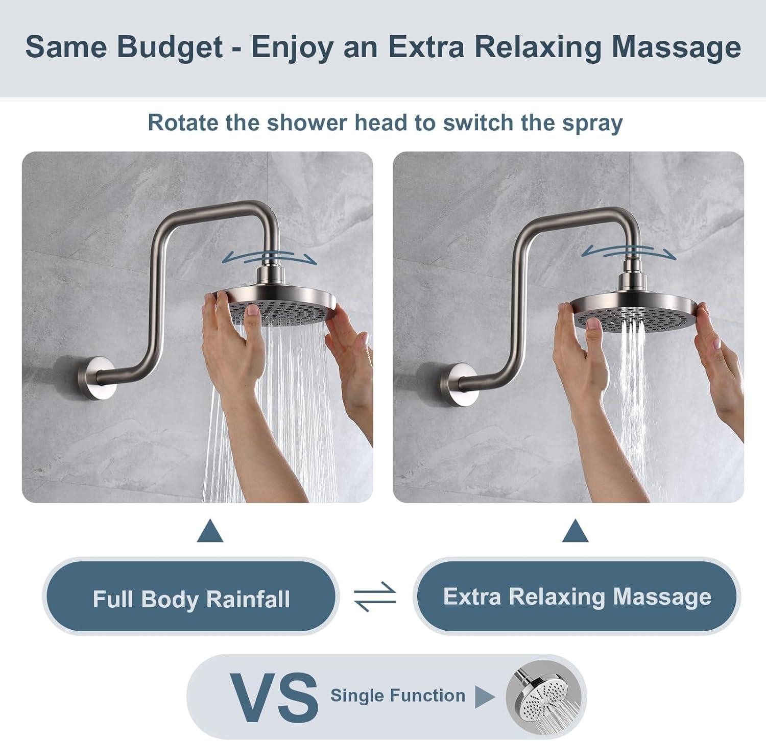 BRIGHT SHOWERS High Pressure Shower Head, 6 Inch Rain Shower Head, 2 Spray Settings Rainfall Shower Heads, Adjustable Angle Replacement Bathroom Showerhead, Easy Installation Brushed Nickel