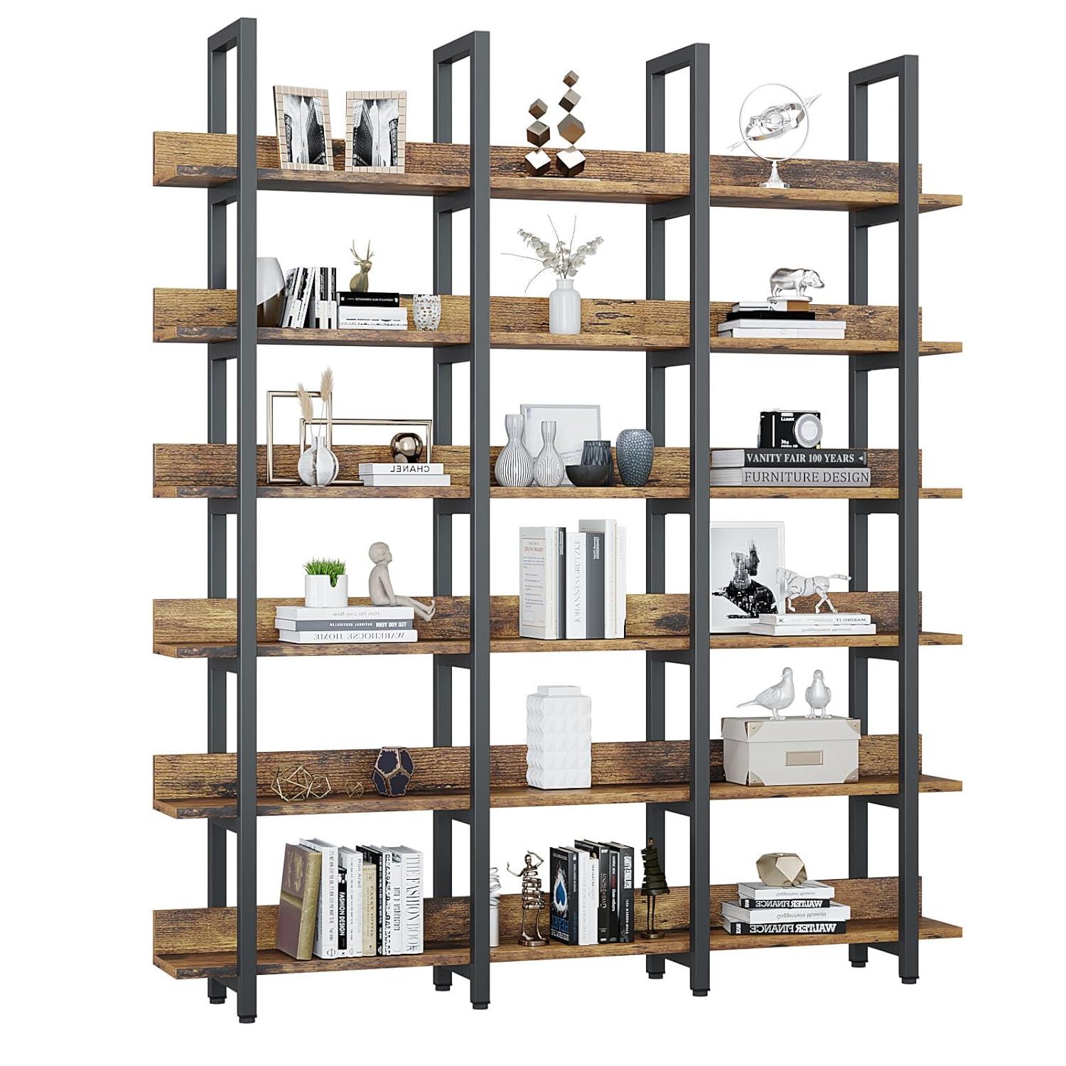Oneinmil Bookcase and Bookshelves Triple Wide 6 Tiers Large Open Shelves, Vintage Bookcase for Office Home Decoration, Easy to Assemble, Classical Brown
