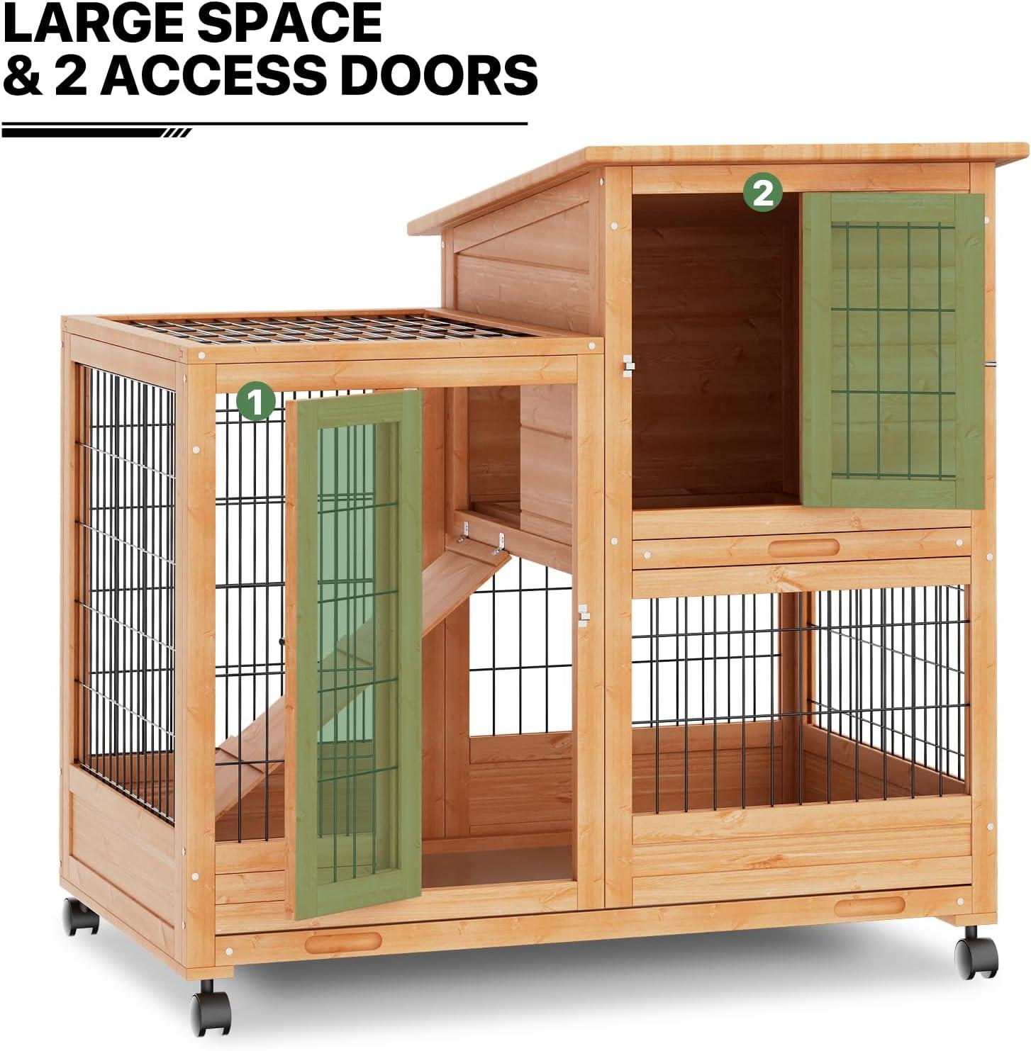 MoNiBloom 36" Wooden Rabbit Hutch w/2 Slide-Out Trays, Anti-Slip Ramp Bunny Cage w/4 Wheels, Natural