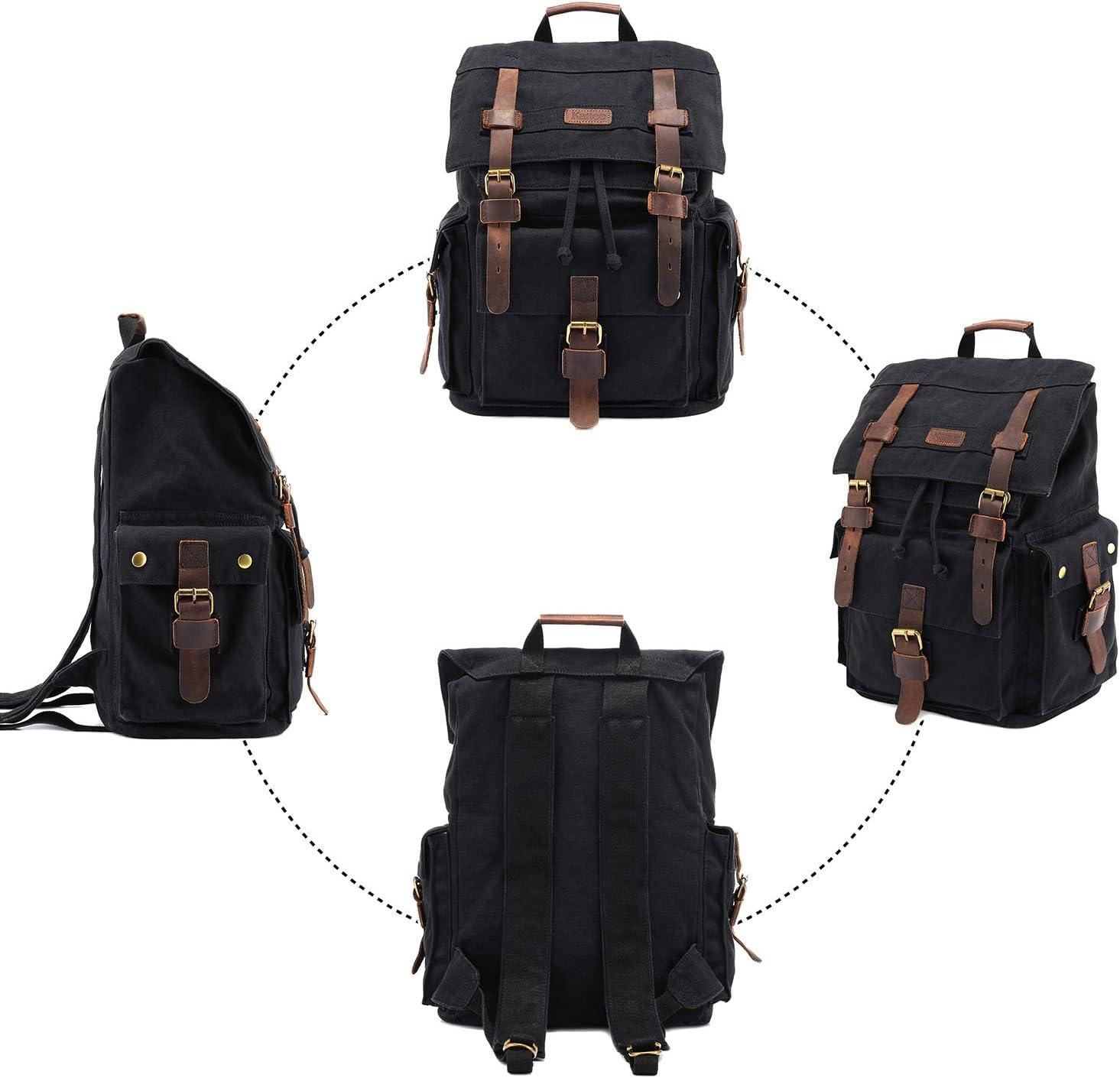 Kattee Men’s Leather Canvas Backpack Large School Bag Travel Rucksack Black