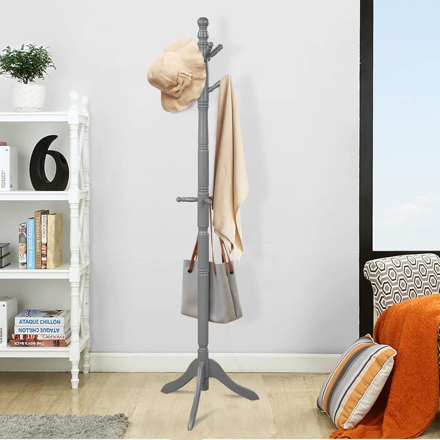 Tangkula Free Standing Coat Rack Solid Wood Hall Tree w/9 Hooks & 2 Adjustable Height Grey