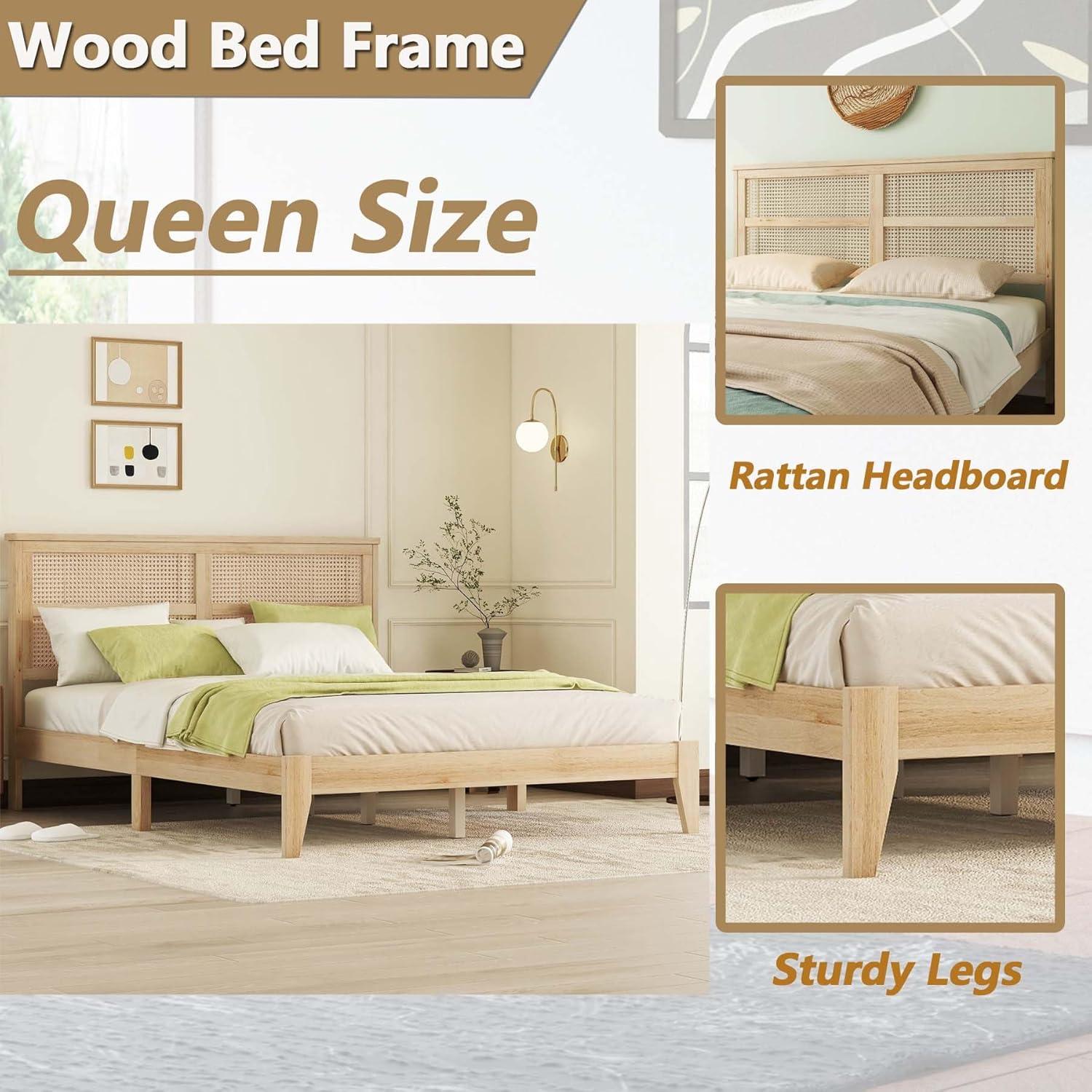 Natural Queen Wood Bed Frame with Rattan Headboard and Storage