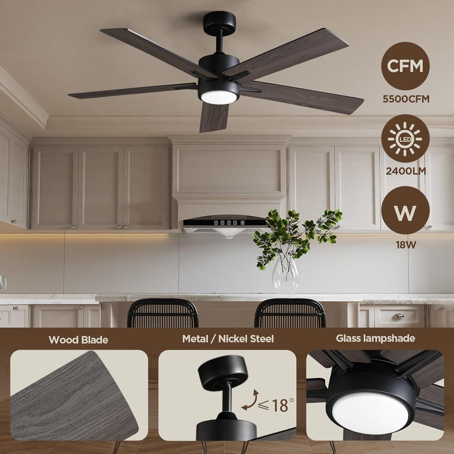 Vagizm Ceiling Fan with Light Remote: 52 inch Modern Bedroom Fans with Dimmable Tri-Color Temperature LED - Quiet Reversible DC Motor - Indoor Outdoor