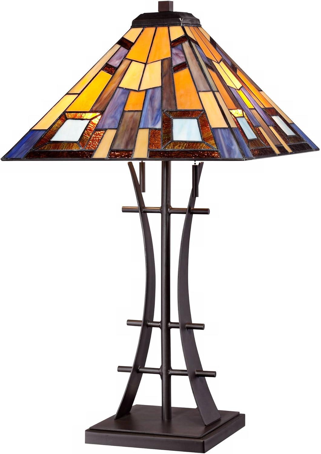 Robert Louis Tiffany Jewel Tone Mission Table Lamp 27" Tall Iron Bronze Geometric Stained Glass Art Shade for Bedroom Living Room Bedside Nightstand