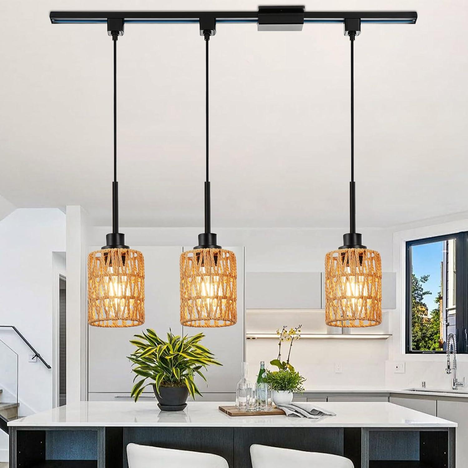 3-Pack H Type Track Lighting Pendants, Ceiling Track Hanging Light Fixture with Hand-Woven Rattan Shade, H-Type Tracking Boho Pendant Lighting Fixtures for Kitchen Island Dining Room, E26 Base