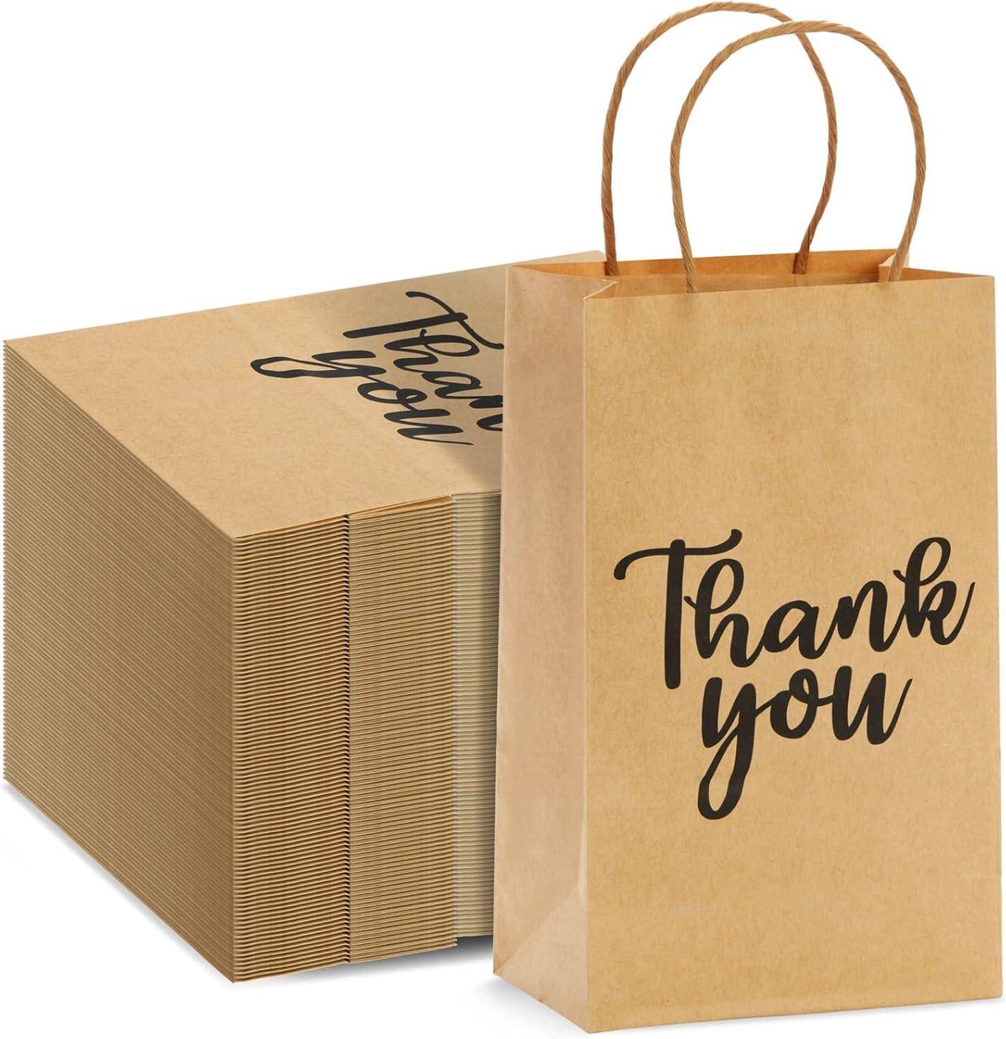 Brown Kraft Paper Thank You Gift Bags with Handles, 100-Pack