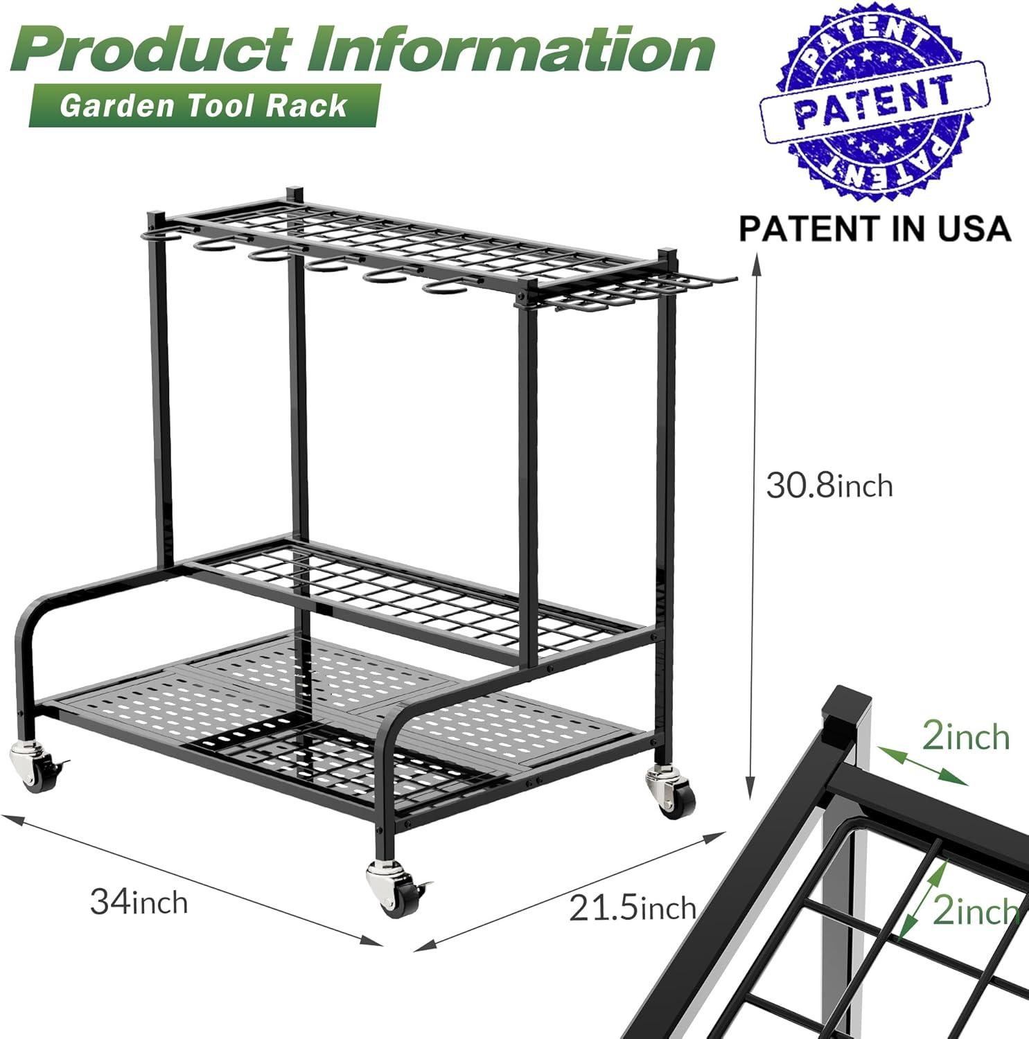 Heavy Duty Black Steel Garden Tool Organizer with Wheels and Hooks