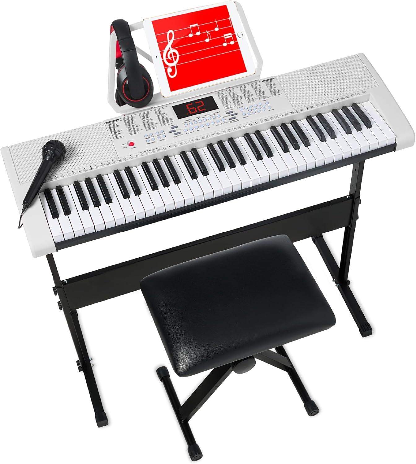 Best Choice Products 61-Key Beginners Electronic Keyboard Piano Set w/ LED, 3 Teaching Modes, H-Stand, Stool - White