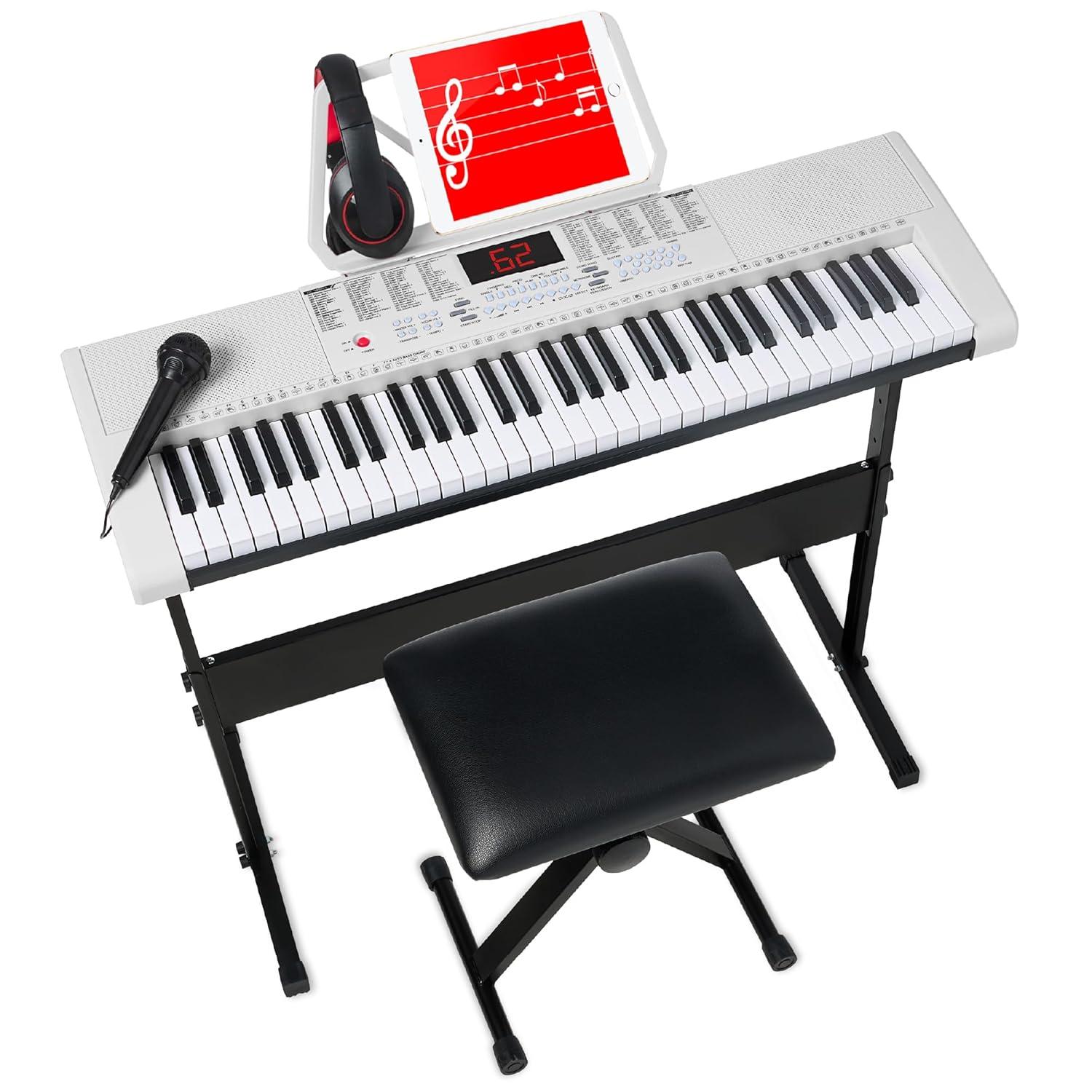 Best Choice Products 61-Key Beginners Electronic Keyboard Piano Set w/ LED, 3 Teaching Modes, H-Stand, Stool - White