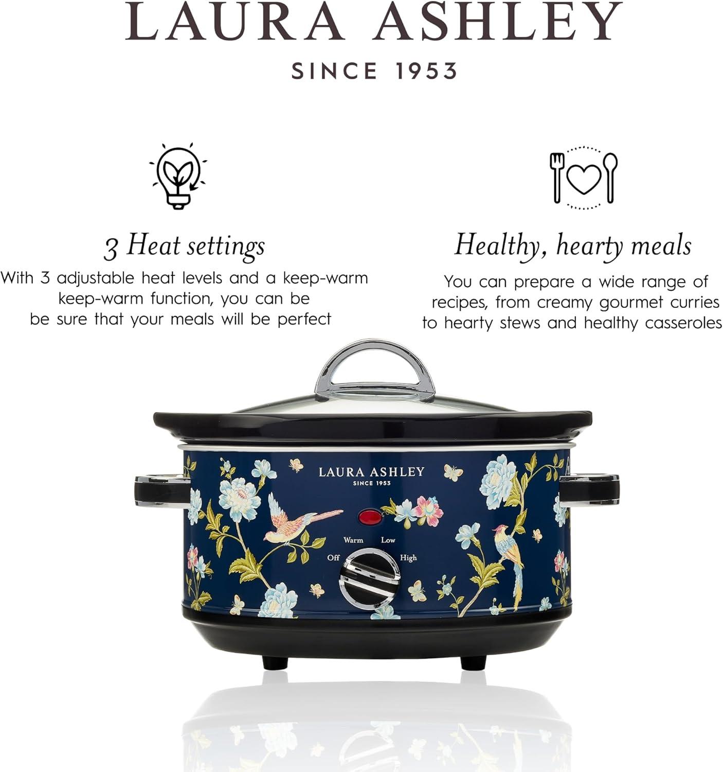 Laura Ashley 3.5L Slow Cooker Navy: Ceramic & Stainless Steel, 3 Settings, 320W, Keep Warm, 4 Quart Pot, 1-Year Warranty
