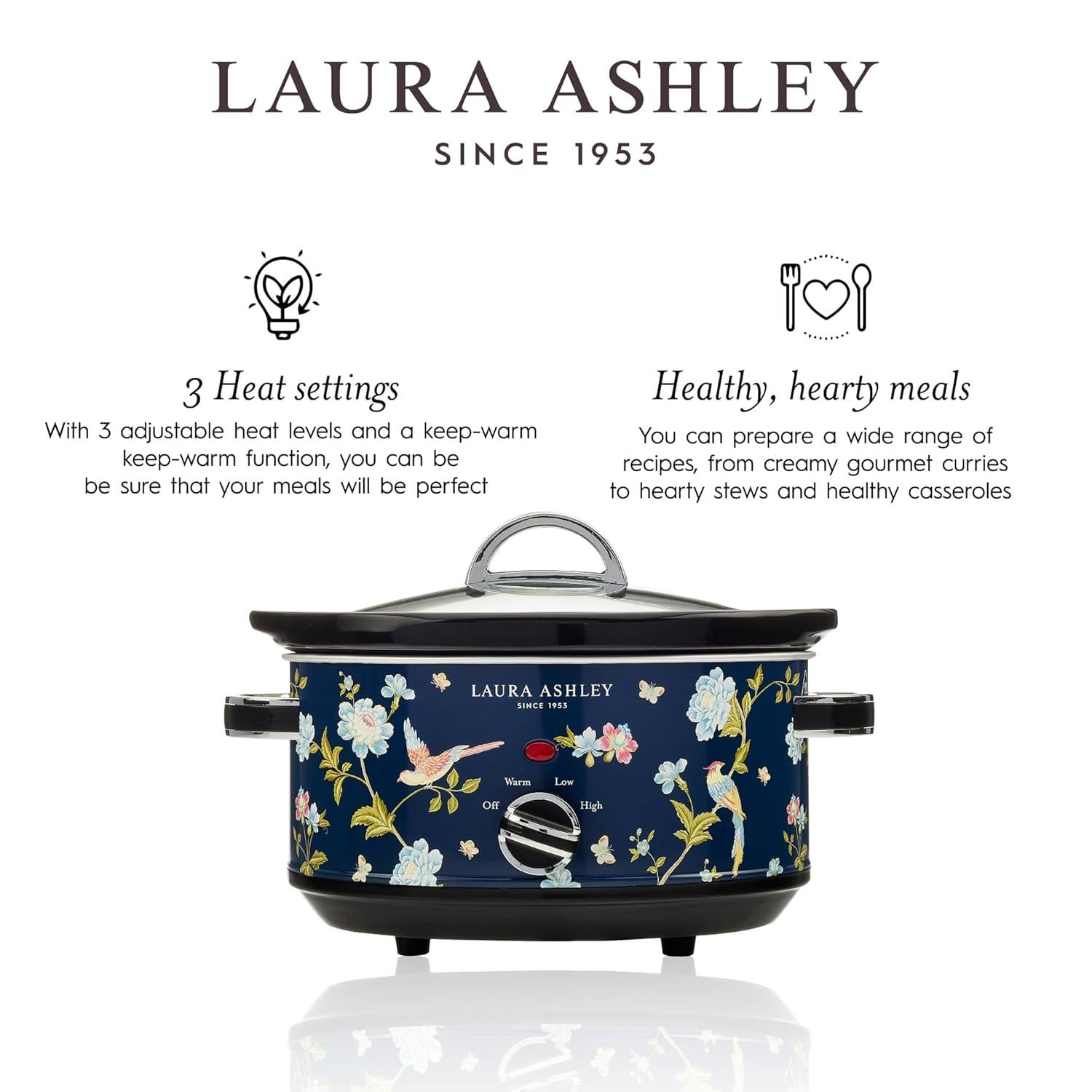 Laura Ashley 3.5L Slow Cooker Navy: Ceramic & Stainless Steel, 3 Settings, 320W, Keep Warm, 4 Quart Pot, 1-Year Warranty