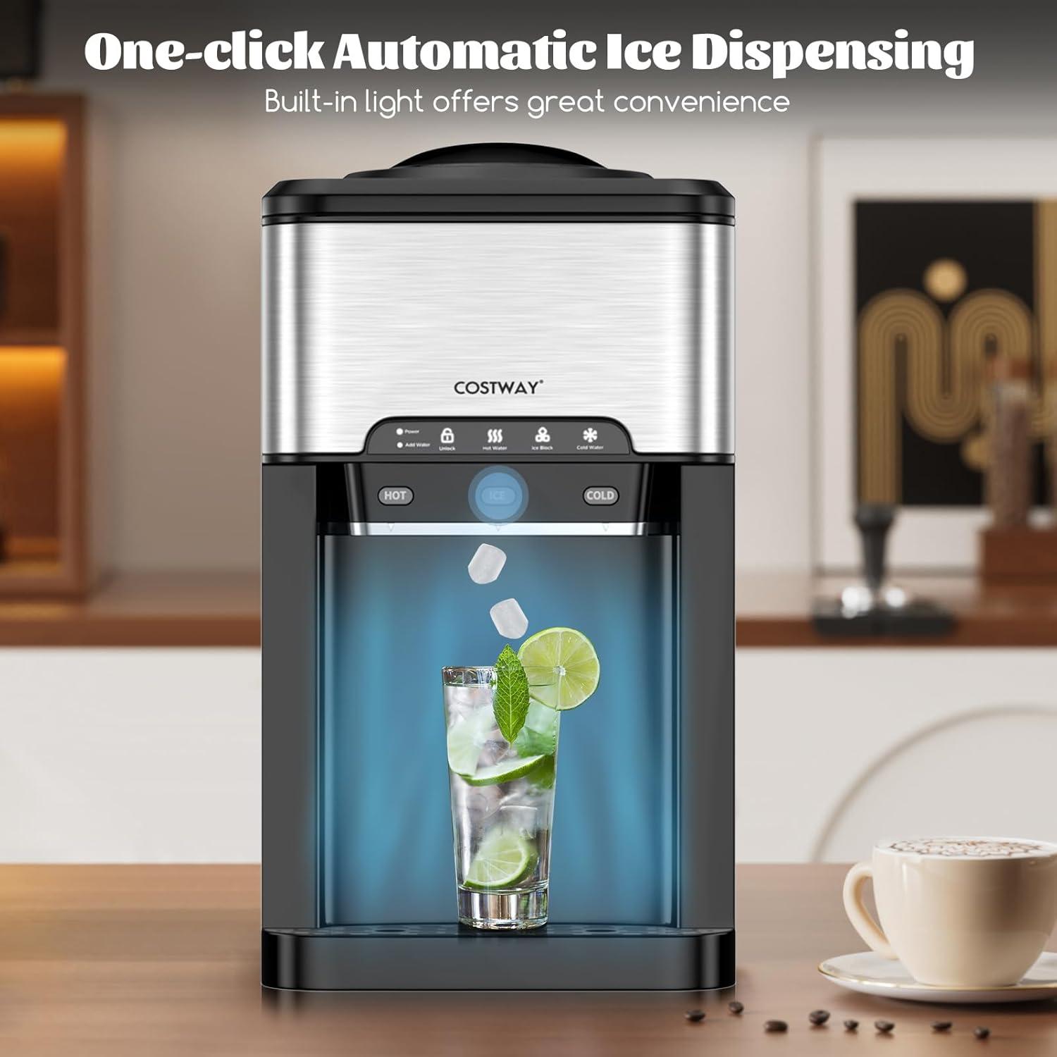 Kepooman Water Cooler Dispenser 3-in-1 with Built-in Ice Maker and 3 Temperature Settings-Silver