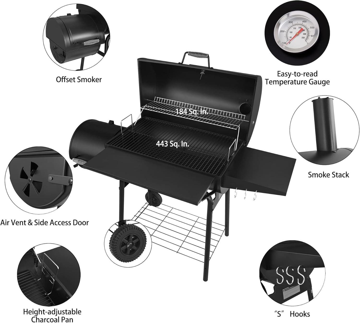 Royal Gourmet 30" Barrel Charcoal Grill with Smoker, Side Table and Cover