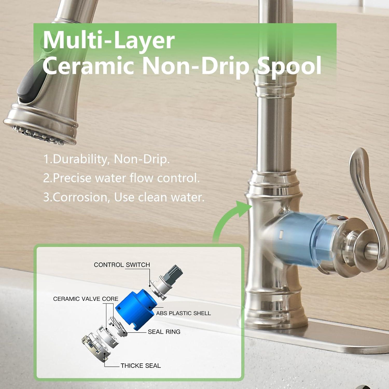 Kitchen Sink Faucet Brushed Nickel with Pull Down Sprayer 3 Mode Faucet for Kitchen Sink Single Handle High Arc Commercial Stainless Steel Pull Out RV Kitchen Faucet Bar,Deck Plate Include
