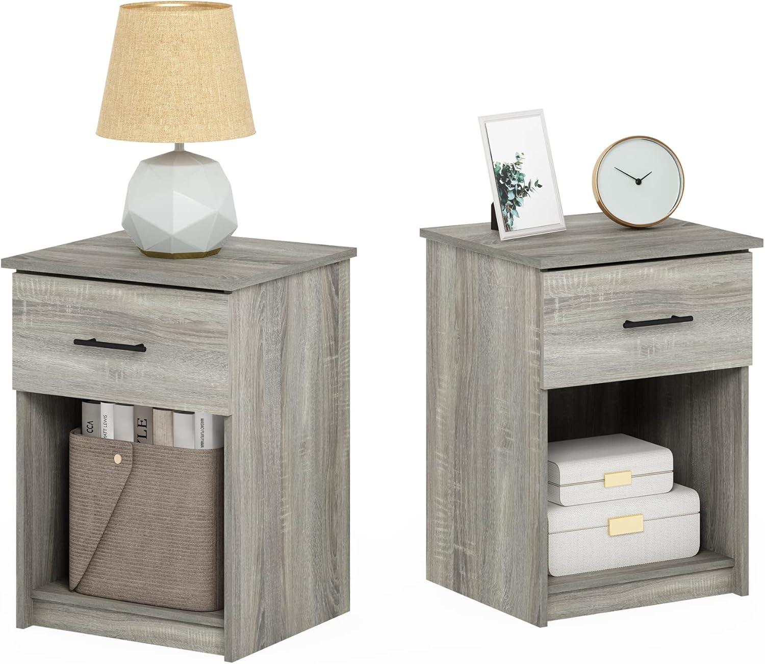 Furinno 2PCS Mid-Century Nightstand Multipurpose End Table Accent Side Table W/Drawer & Open Storage Cube for Bedroom,Living Room,French Oak Grey
