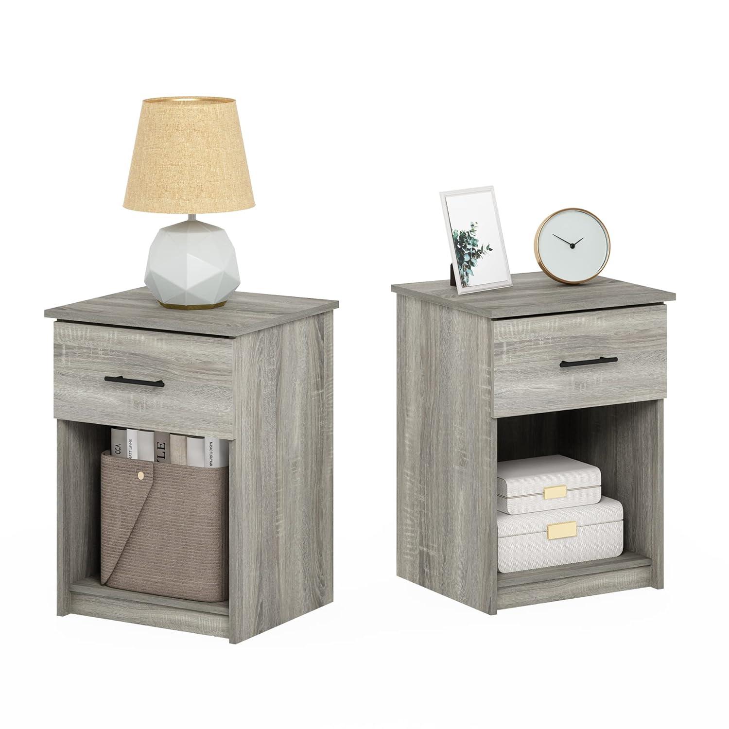 Furinno 2PCS Mid-Century Nightstand Multipurpose End Table Accent Side Table W/Drawer & Open Storage Cube for Bedroom,Living Room,French Oak Grey
