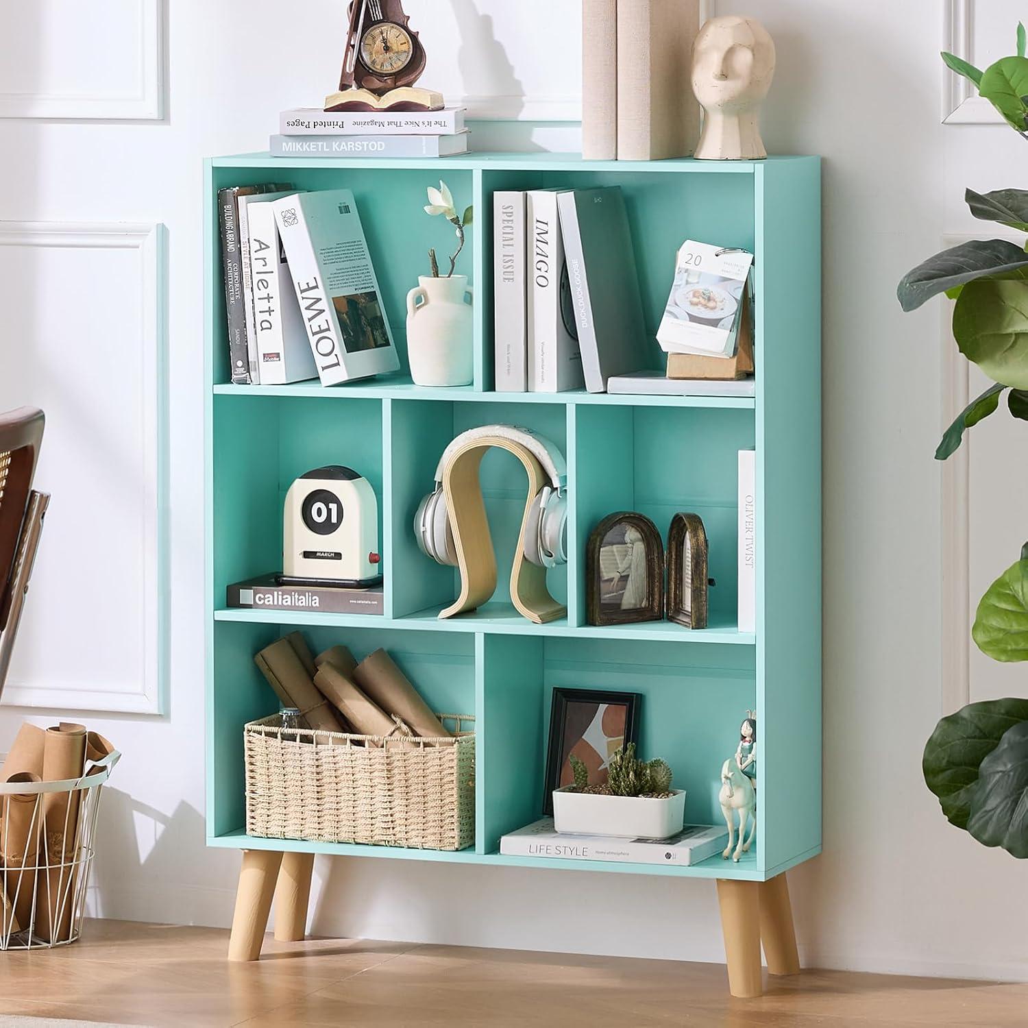 Satiny 7 Cube Bookshelf 3-Tier Bookcase with Legs, Mint-Green Kids Book Shelf Cute Storage Organizer, Toy Shelves Bookshelves,Wood Display Bookcases