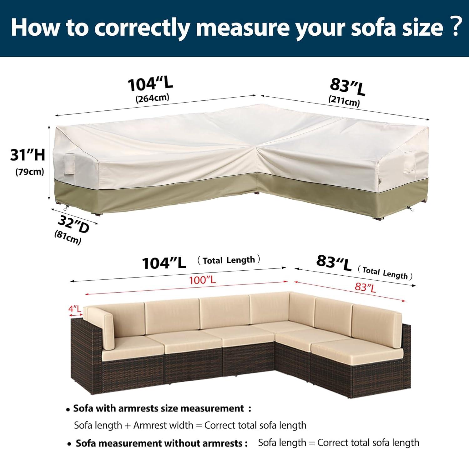 Outdoor Sectional Cover-V-Shaped Garden Patio Furniture Covers Waterproof Rip-Stop Anti-UV 600D Heavy Duty Outdoor Couch Cover with 3 Air Vents Sofa Cover 85''L 33.5''D 31''H,Beige & Reddish Brown