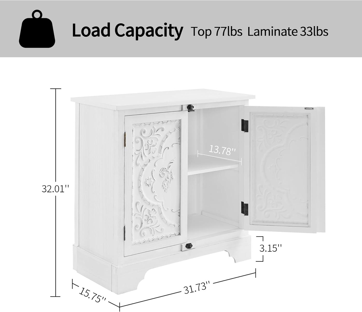 White Floral Pattern Farmhouse Sideboard with Solid Wood Legs