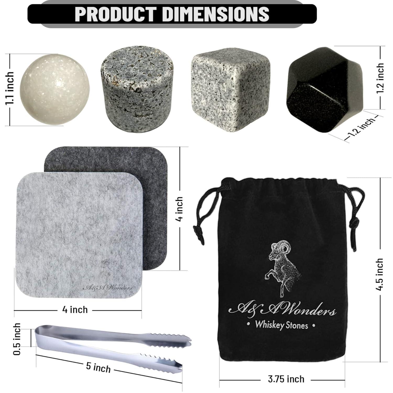 A&A Wonders Premium Whiskey Stones 100% Natural Granite Set of 4 Chilling Rocks Stone Reusable Ice Cubes for Drinks with Velvet Carrying Pouch, Gift for Whiskey Lovers
