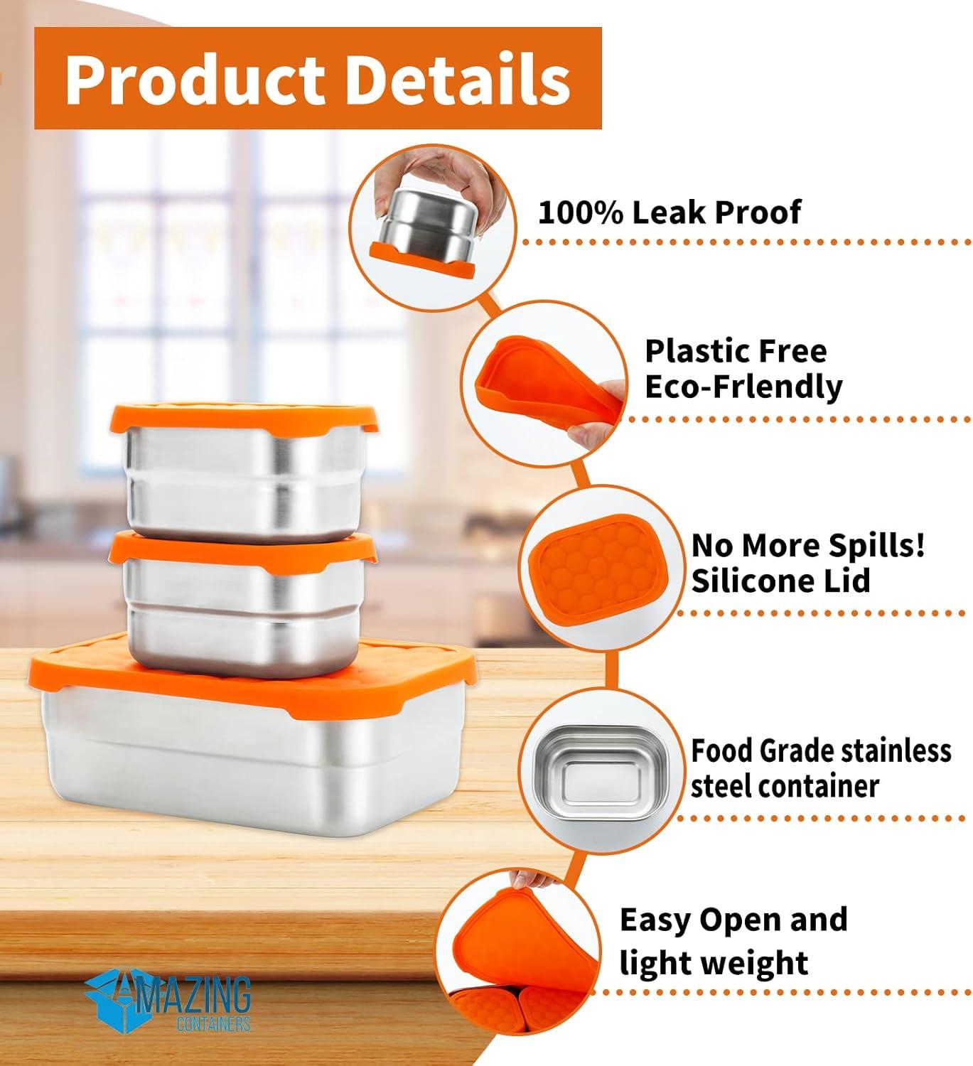 AMAZING CONTAINERS|Stainless Steel Food Containers with Lids Set of 3 (28 oz, 2X 8 oz) | Steel Lunch Container for Kids and Adults | Metal Snack Container Leakproof Lunch Box Sandwich Containers