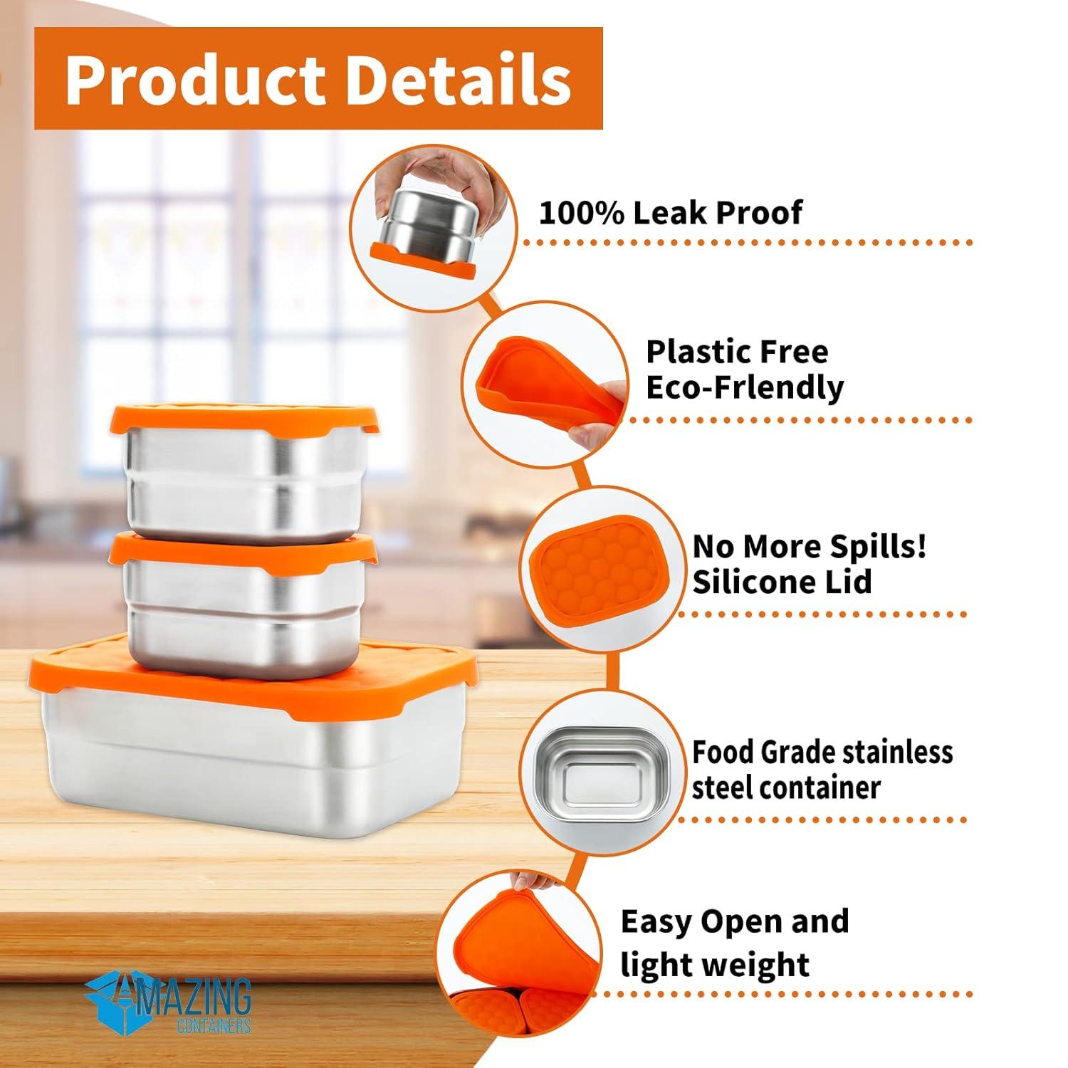 AMAZING CONTAINERS|Stainless Steel Food Containers with Lids Set of 3 (28 oz, 2X 8 oz) | Steel Lunch Container for Kids and Adults | Metal Snack Container Leakproof Lunch Box Sandwich Containers