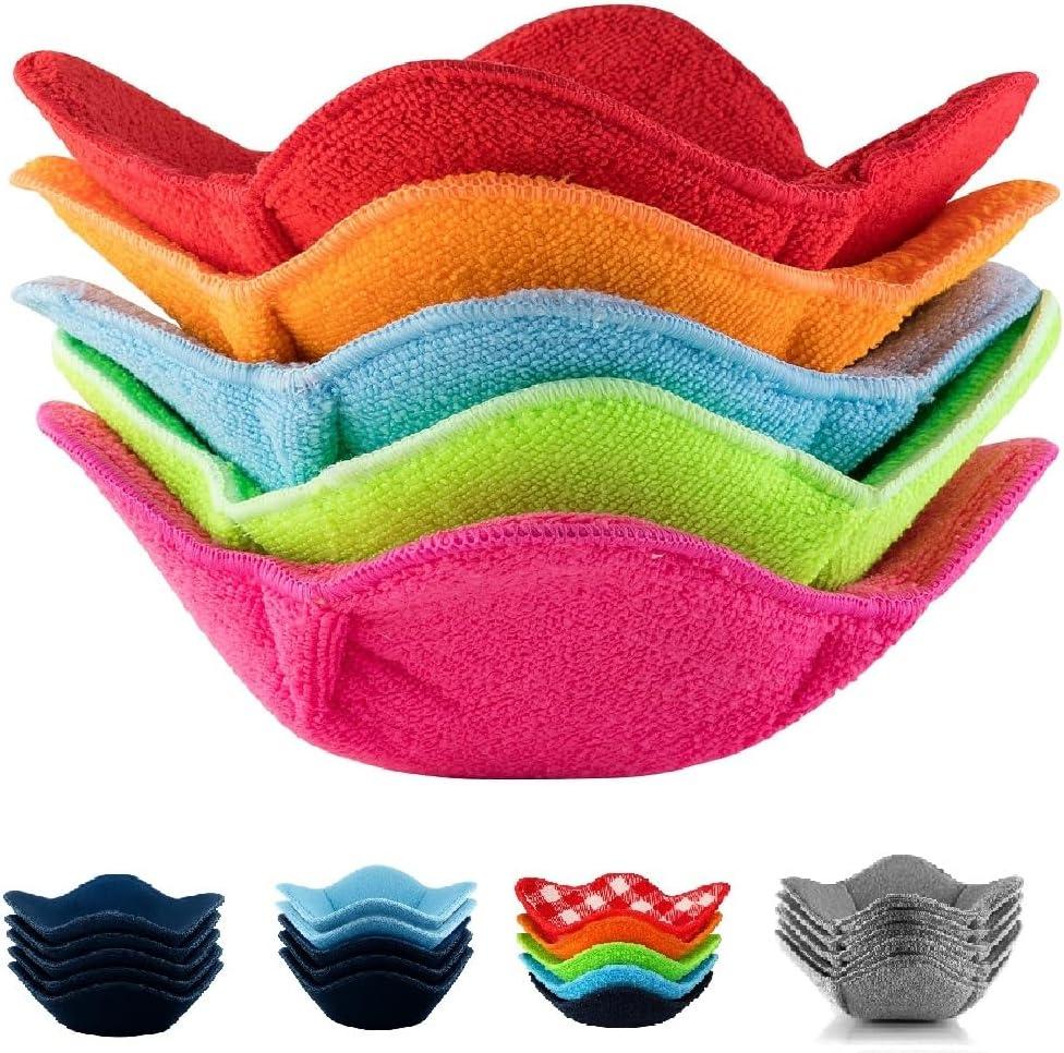 SHILA Bowl Snuggies, Multicolor Set of 5 Microwave-Safe Hot Bowl Holders to Keep Your Hands Cool and Your Food Warm, Polyester & Sponge Heat Resistant Dish Pads for Soup, Rice and Pasta