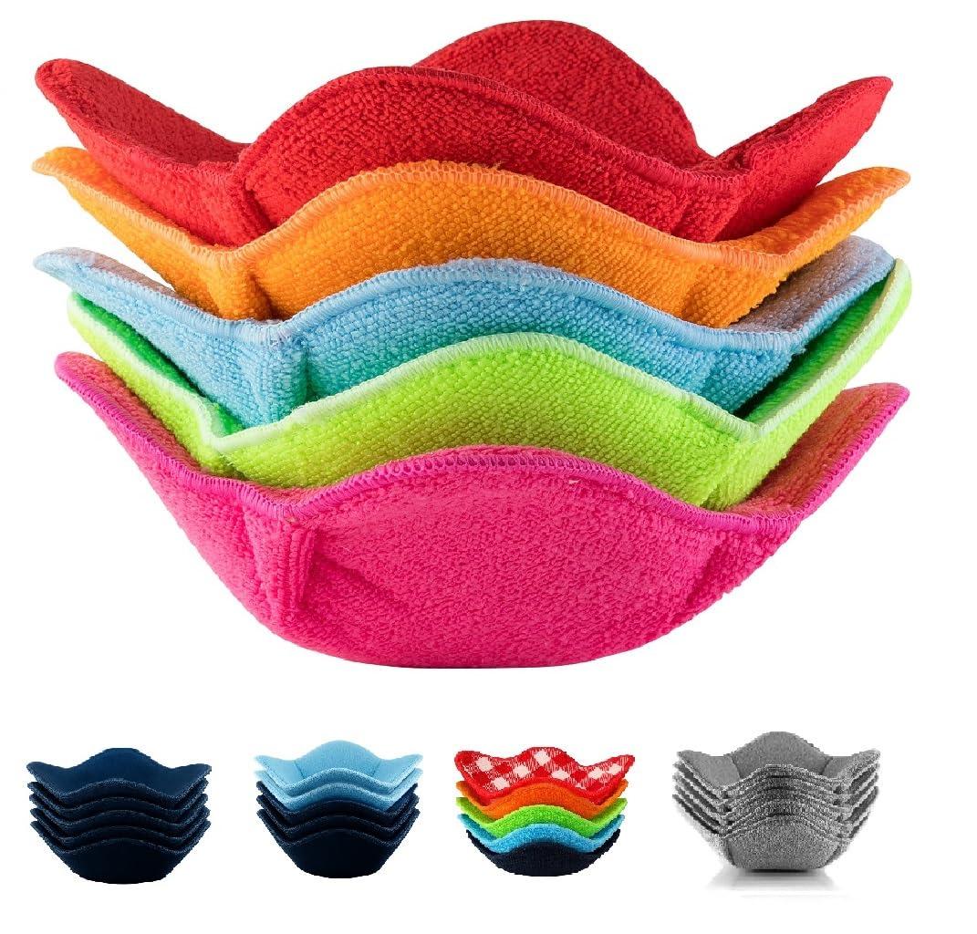 SHILA Bowl Snuggies, Multicolor Set of 5 Microwave-Safe Hot Bowl Holders to Keep Your Hands Cool and Your Food Warm, Polyester & Sponge Heat Resistant Dish Pads for Soup, Rice and Pasta