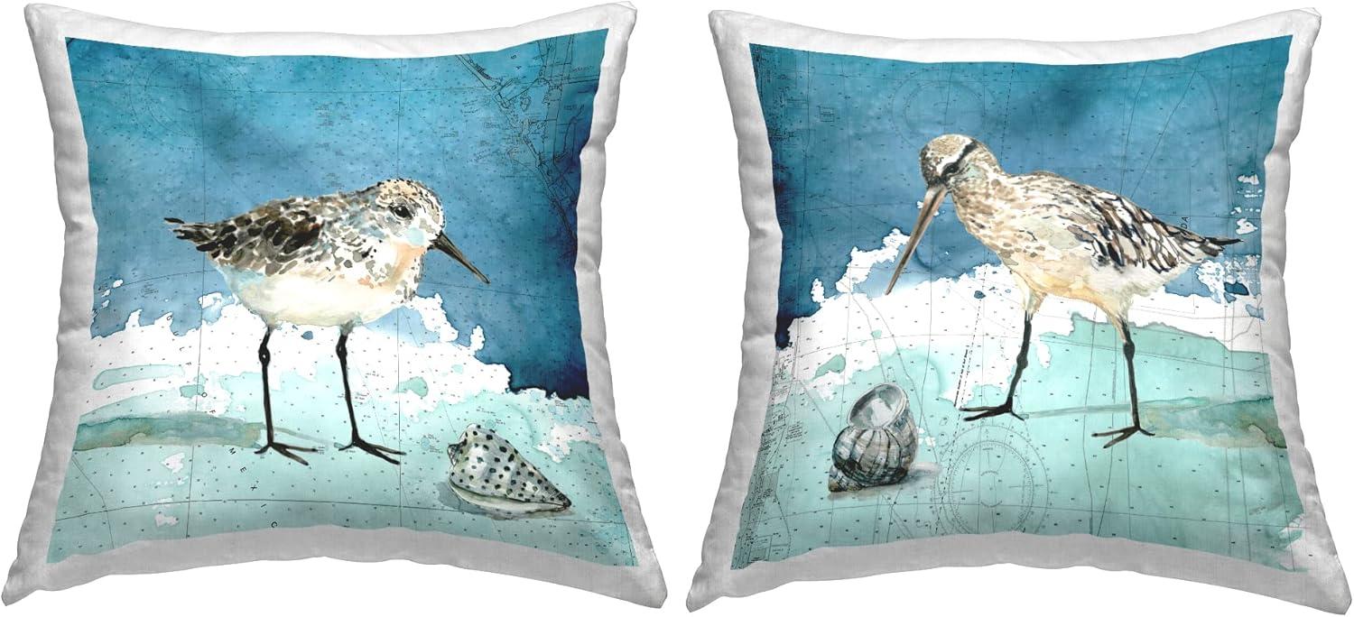 Sandpiper Birds Nautical Beach Map Pattern Decorative Printed 2 Piece Throw Pillow by Carol Robinson