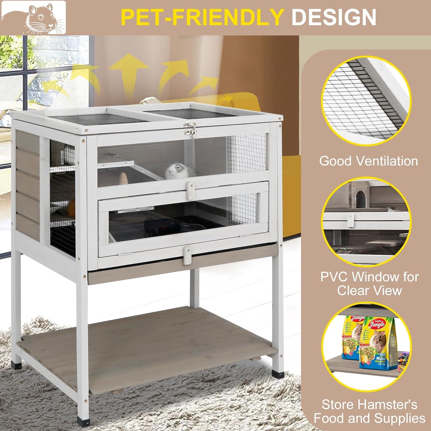 PETSCOSSET 3-Tier Wooden Hamster Cage with Storage Shelf Indoor Outdoor Large Guinea Pig Cage House and Habitat