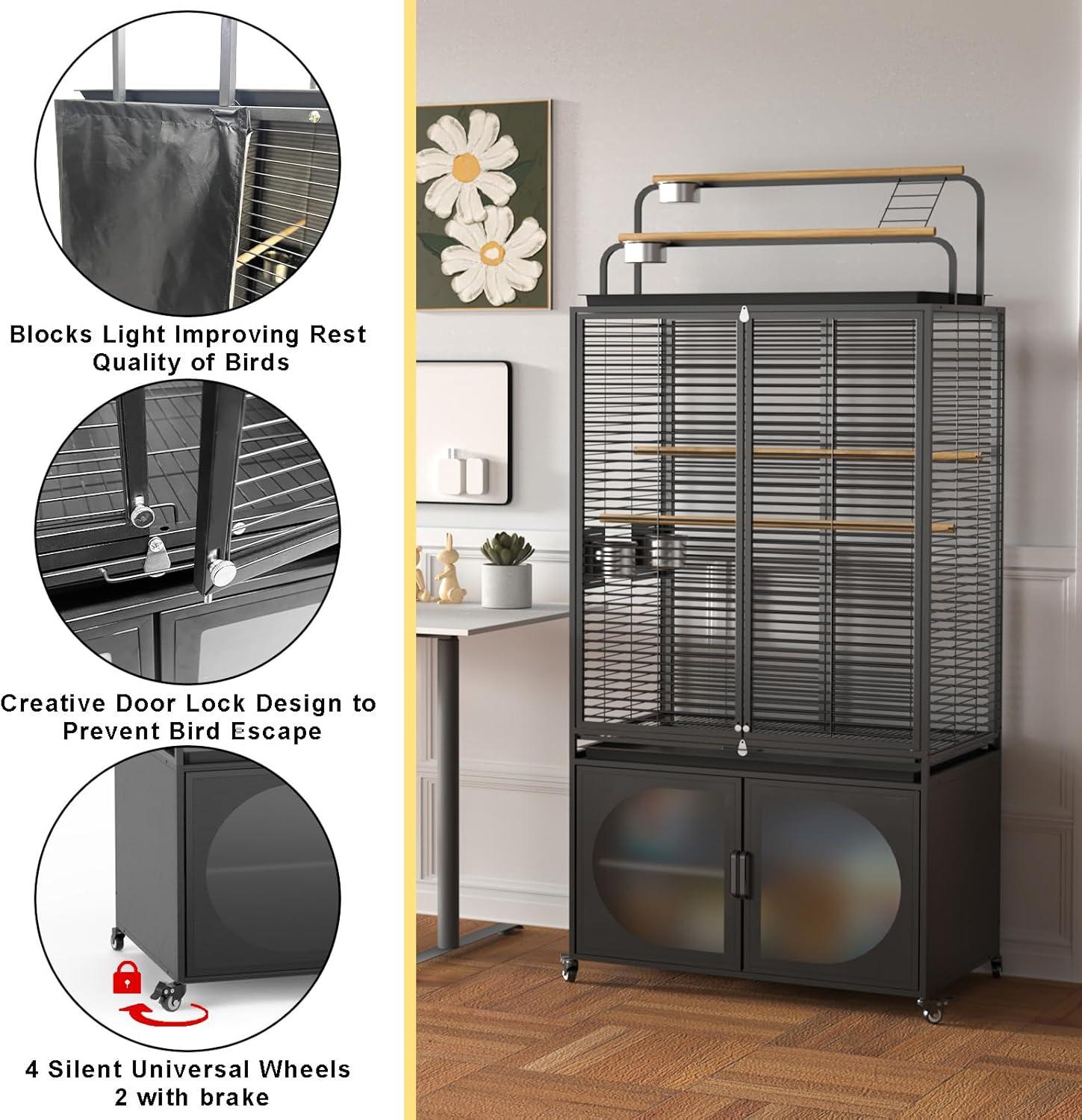 GDLF 72-Inch Bird Cage With Play Top and Rolling Storage Cabinet Extra Large With Cover for Parrot, Parakeet, Cockatiel, Budgie , Parrotlet, Green Cheek Conure