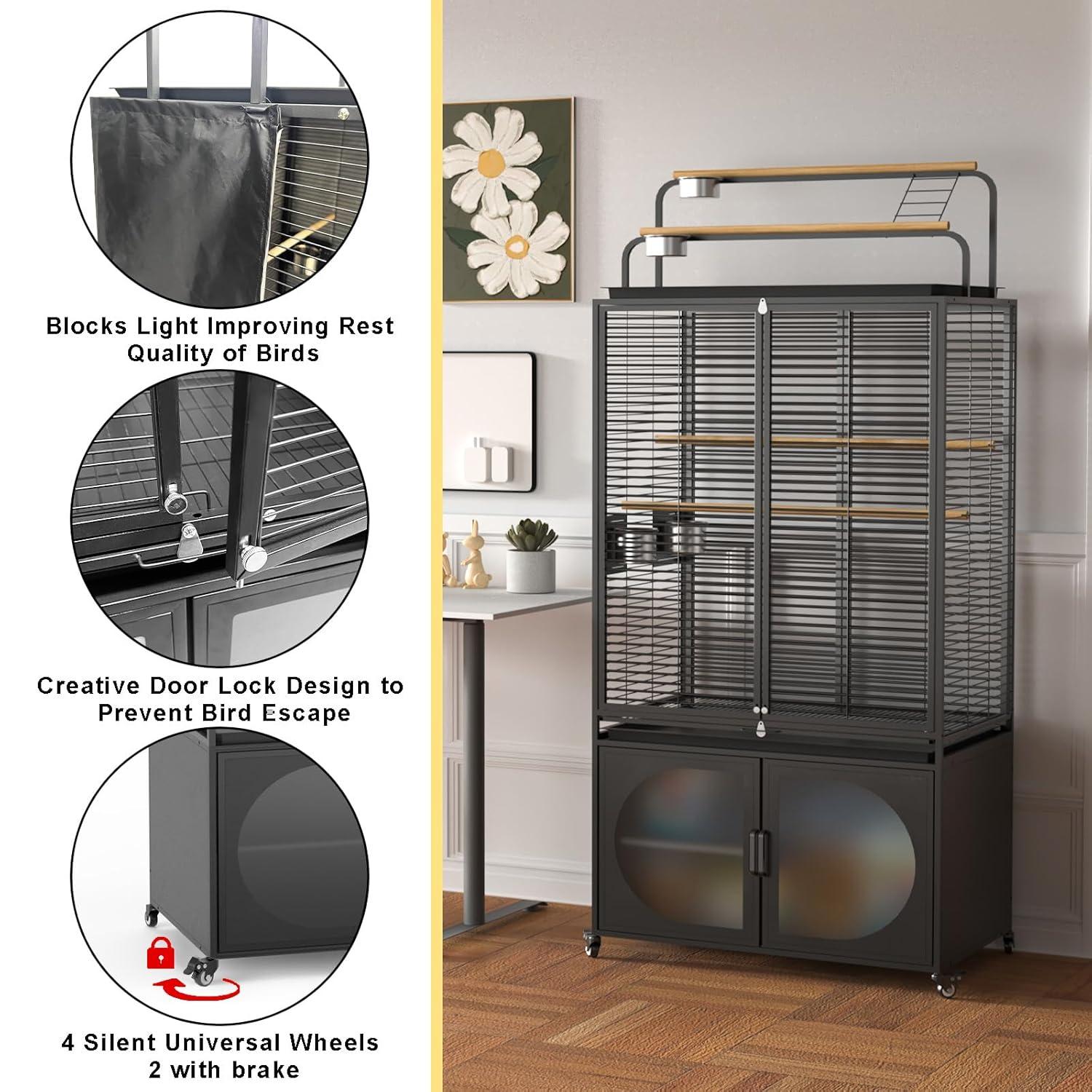GDLF 72-Inch Bird Cage With Play Top and Rolling Storage Cabinet Extra Large With Cover for Parrot, Parakeet, Cockatiel, Budgie , Parrotlet, Green Cheek Conure
