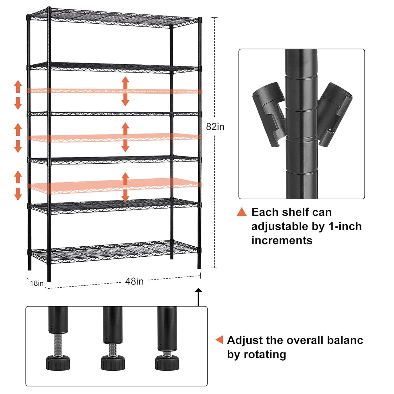 6-Tier Storage Shelves NSF Certified Wire Shelving Unit on Wheels Heavy Duty Metal Shelves Adjustable Steel Shelving 2100Lbs Capacity for Closet Pantry Basement- (18"x48"x82", Black)