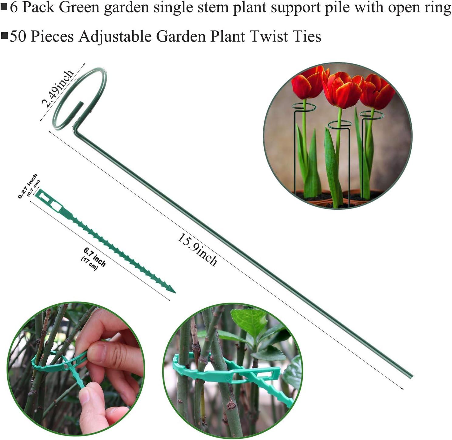 Plant Stake - 6 Pack, Garden Single Stem Stake Plant Cage Rings, Single Stem Plant Stakes, Plant Twist Ties, for Flowers Amaryllis Tomatoes Peony Lily Rose (15.9 inch) C48