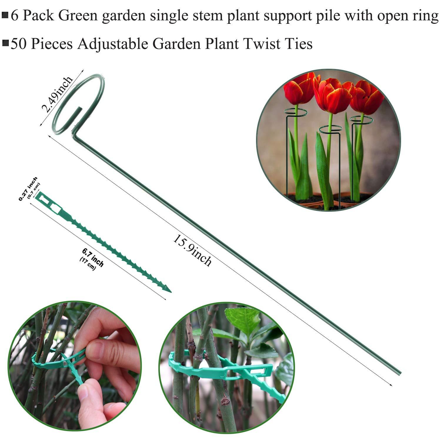 Plant Stake - 6 Pack, Garden Single Stem Stake Plant Cage Rings, Single Stem Plant Stakes, Plant Twist Ties, for Flowers Amaryllis Tomatoes Peony Lily Rose (15.9 inch) C49