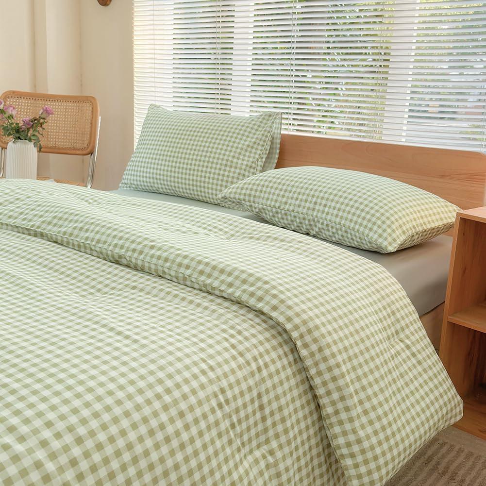 Sage Green Gingham Twin Comforter Set with Pillowcase