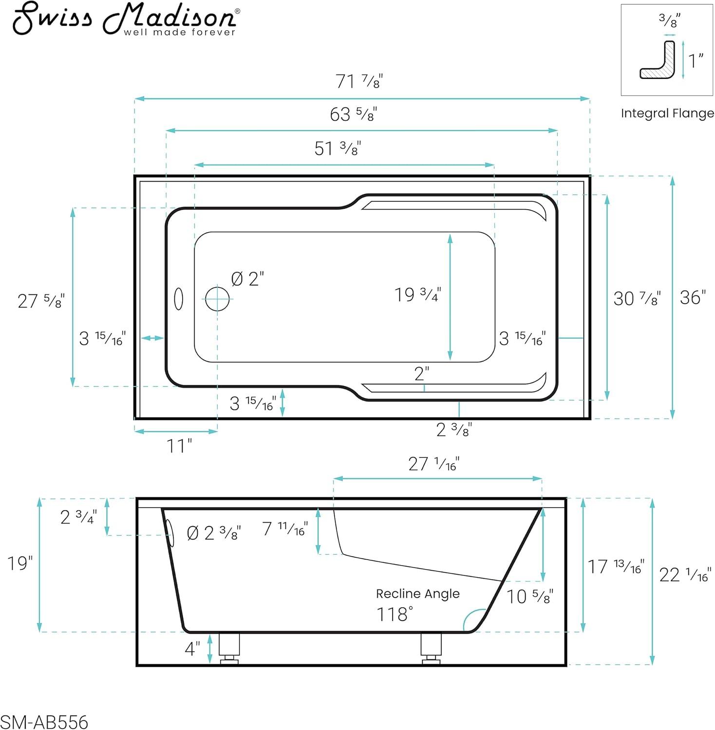 Voltaire 72" x 36" Left-Hand Drain Alcove Bathtub with Apron and Armrest
