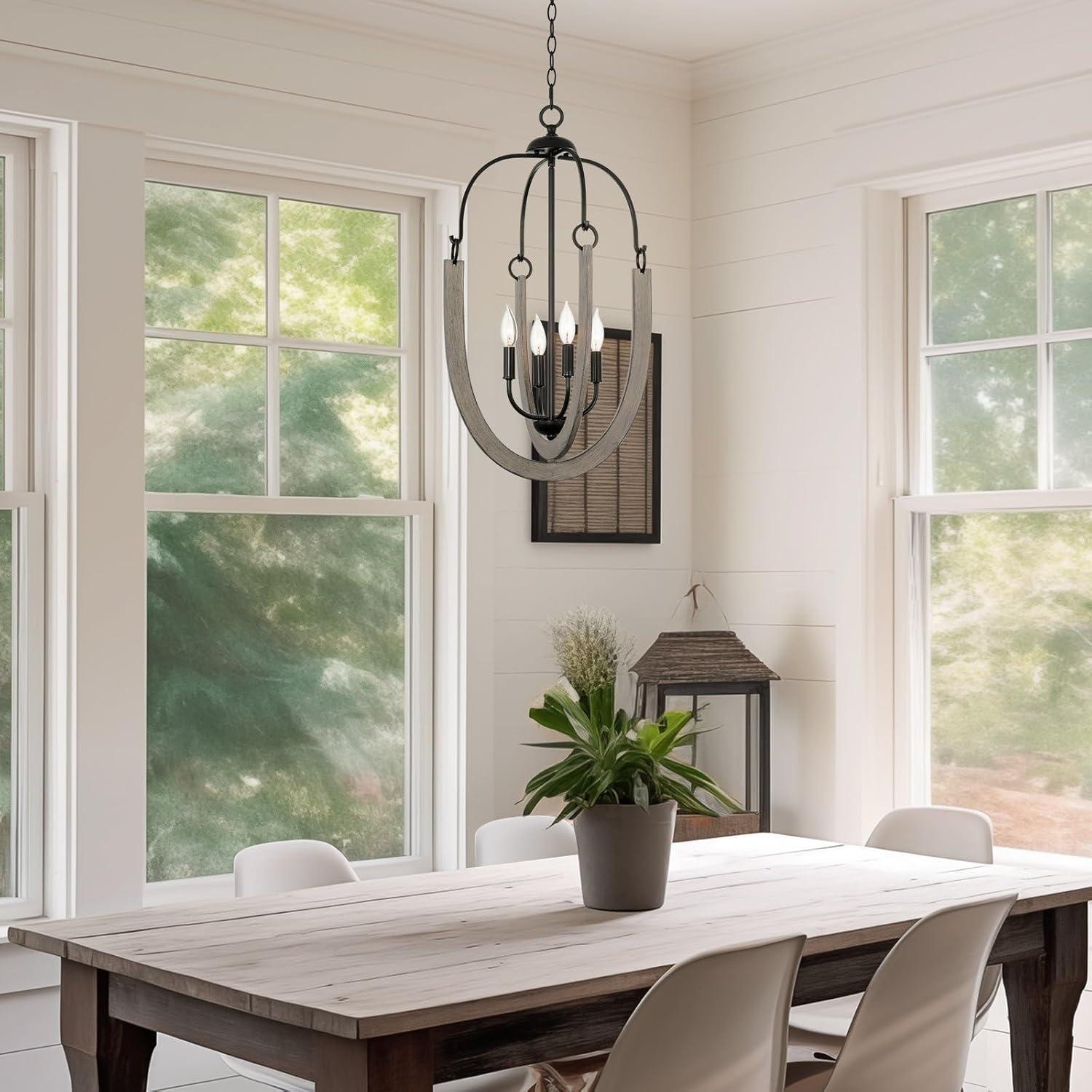 Kira Home Daphne 28" 4-Light Farmhouse Pendant Light, Gray Oak Wood Style + Black Finish