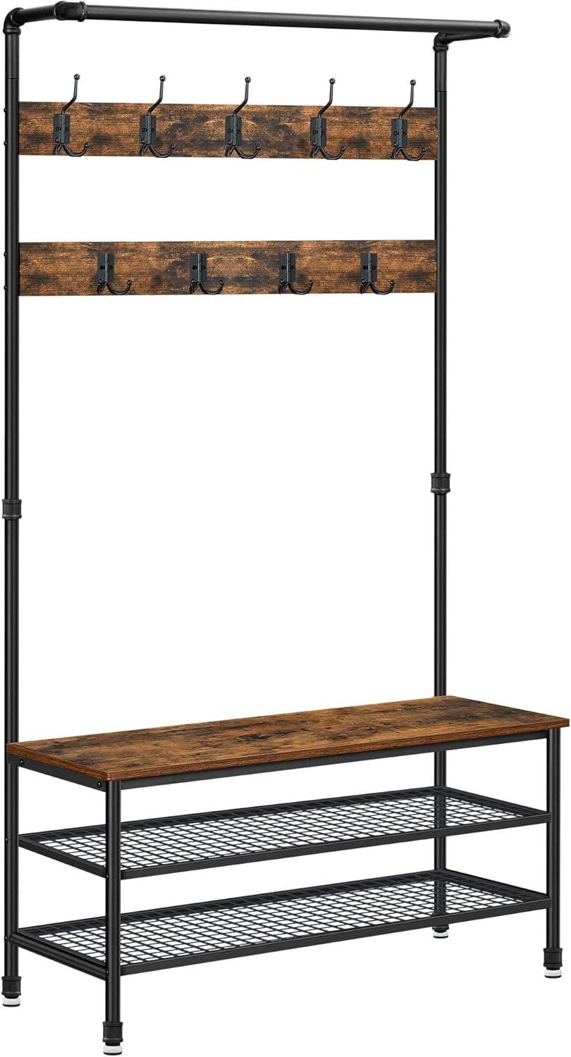 Industrial Coat Rack Stand, Shoe Rack Bench with Grid Memo Board, 9 Hooks and Storage Shelves, Hall Tree with Stable Metal Frame, Rustic Brown UHSR46BX