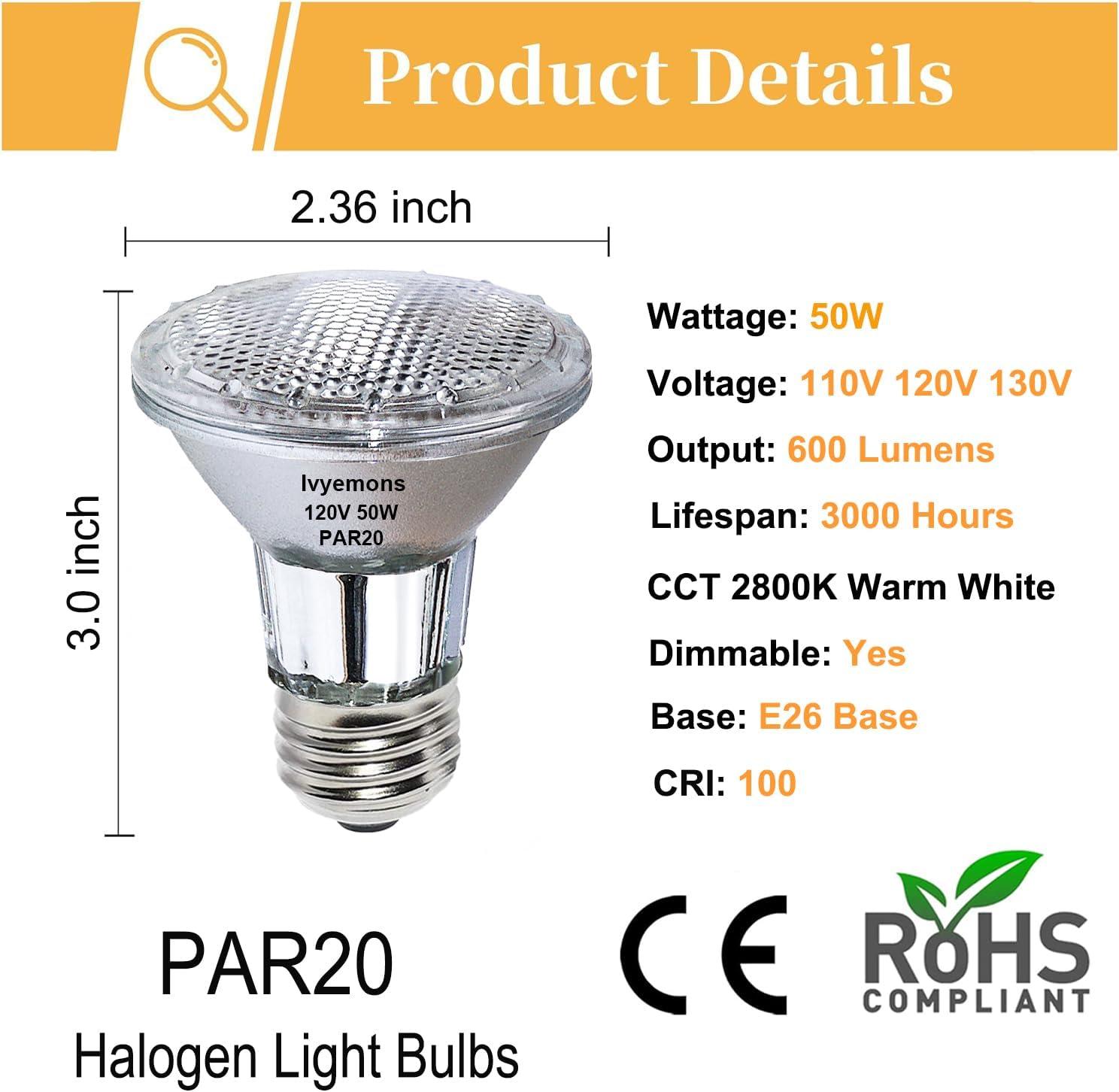 6PCS Par20 Halogen 50W 120V Dimmable, Long Lifespan E26 Par20 Light Bulb with 3000K Warm White for Indoor/Outdoor