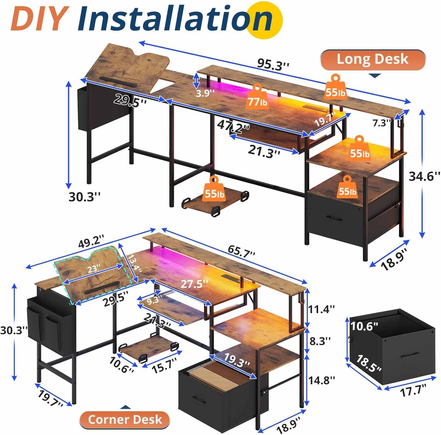 Afuhokles L Shaped Gaming Desk, Led Reversible Corner Computer Desk with Power Outlet, Monitor Stand CPU Stand, Brown