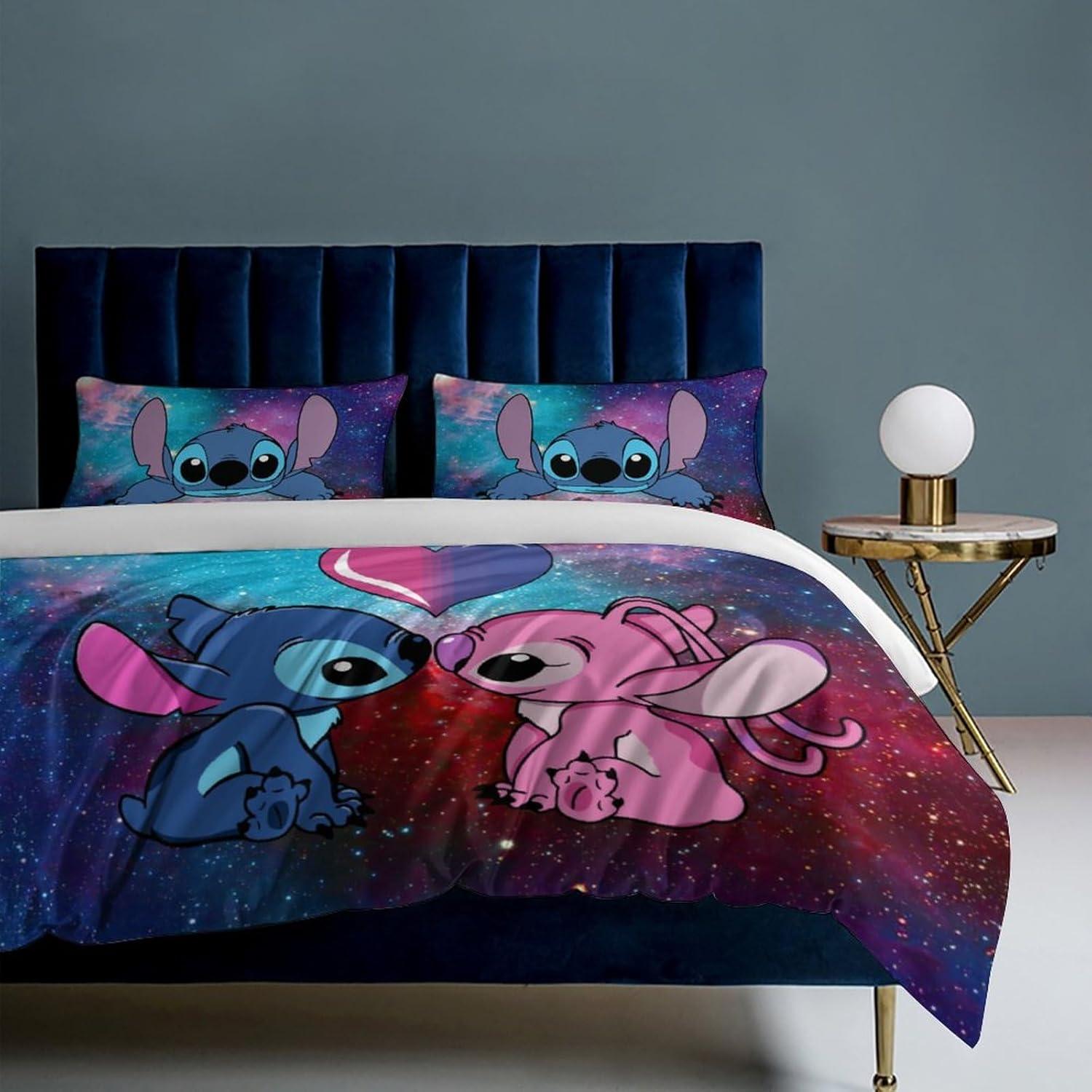 Twin Size Blue and Pink Cartoon Galaxy Bedding Set