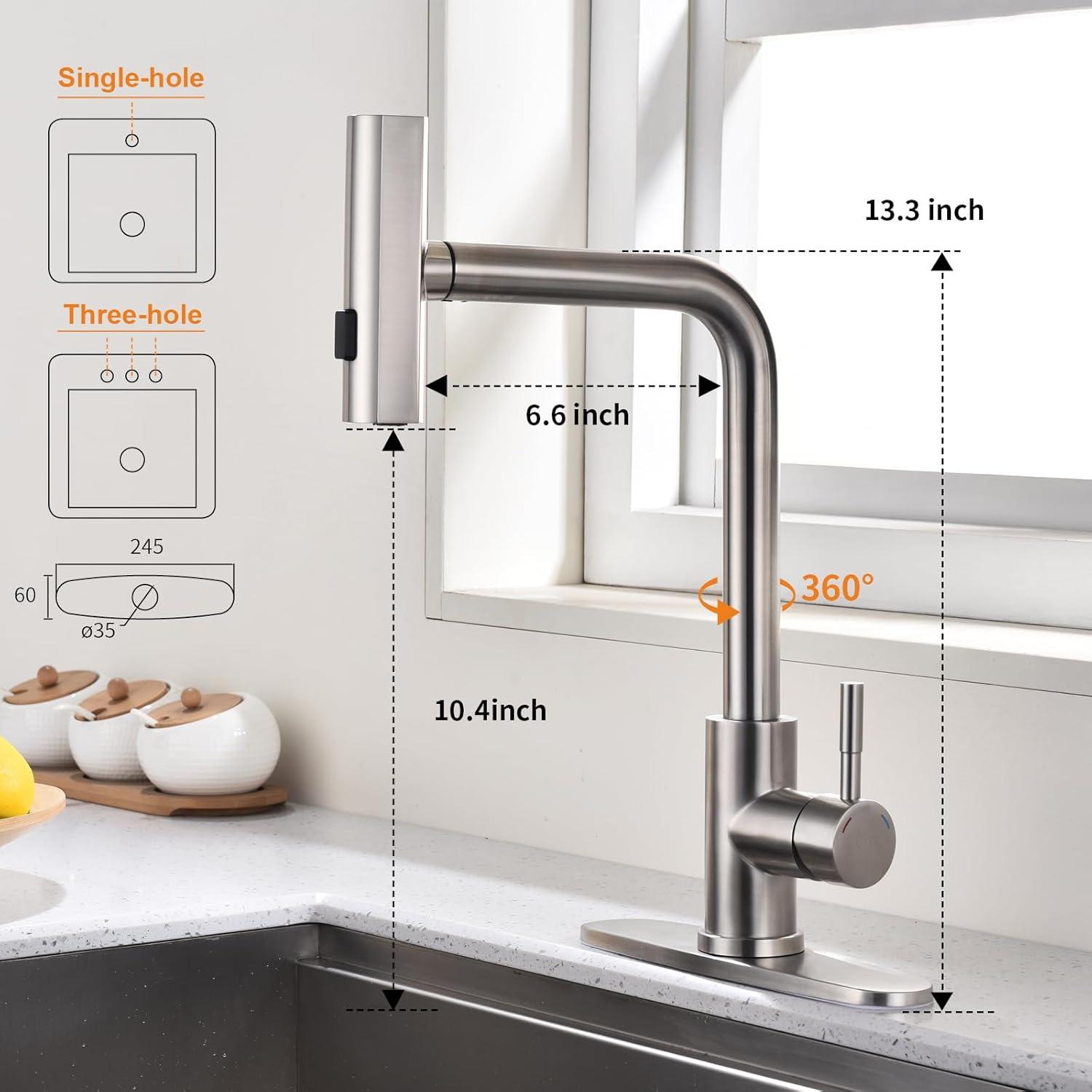 Brushed Nickel Stainless Steel Pull-Down Kitchen Faucet with Spray Modes